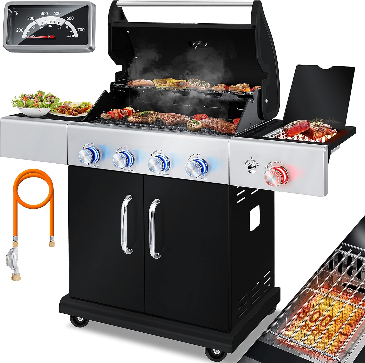 KESSER® Gasgrill mit 4 Brenner + 1x Infrarot Keramik Seitenbrenner & Piezo-Zündung | bis 800°C BBQ Grillwagen aus Edelstahl inkl. Grillrost (66cm) aus Gusseisen, Grillthermometer & Gas-Schlauch — Ansicht 2