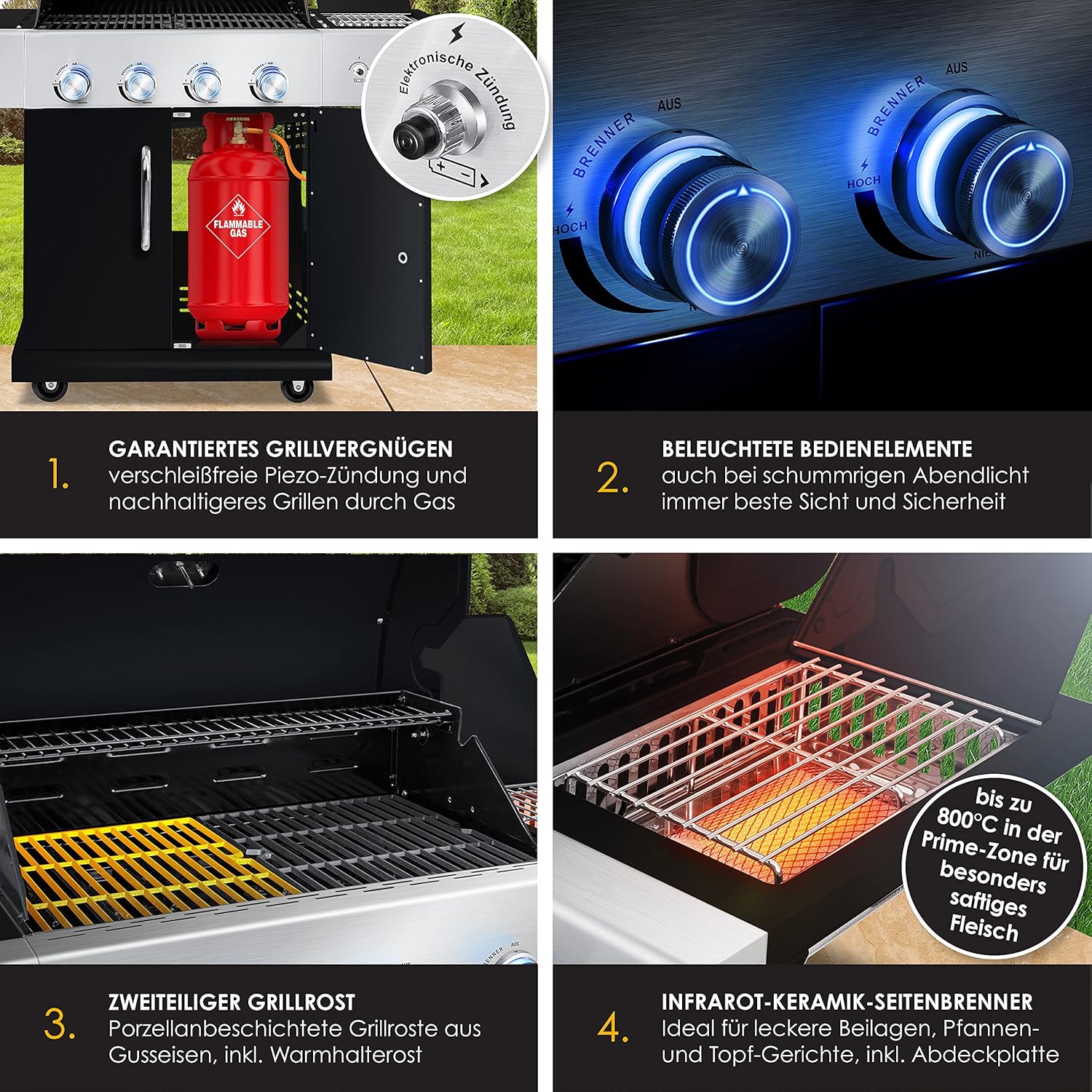 KESSER® Gasgrill mit 4 Brenner + 1x Infrarot Keramik Seitenbrenner & Piezo-Zündung | bis 800°C BBQ Grillwagen aus Edelstahl inkl. Grillrost (66cm) aus Gusseisen, Grillthermometer & Gas-Schlauch — Ansicht 4