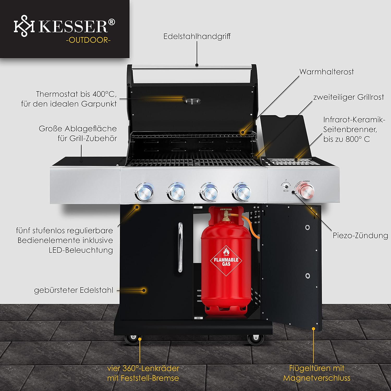 KESSER® Gasgrill mit 4 Brenner + 1x Infrarot Keramik Seitenbrenner & Piezo-Zündung | bis 800°C BBQ Grillwagen aus Edelstahl inkl. Grillrost (66cm) aus Gusseisen, Grillthermometer & Gas-Schlauch — Ansicht 6