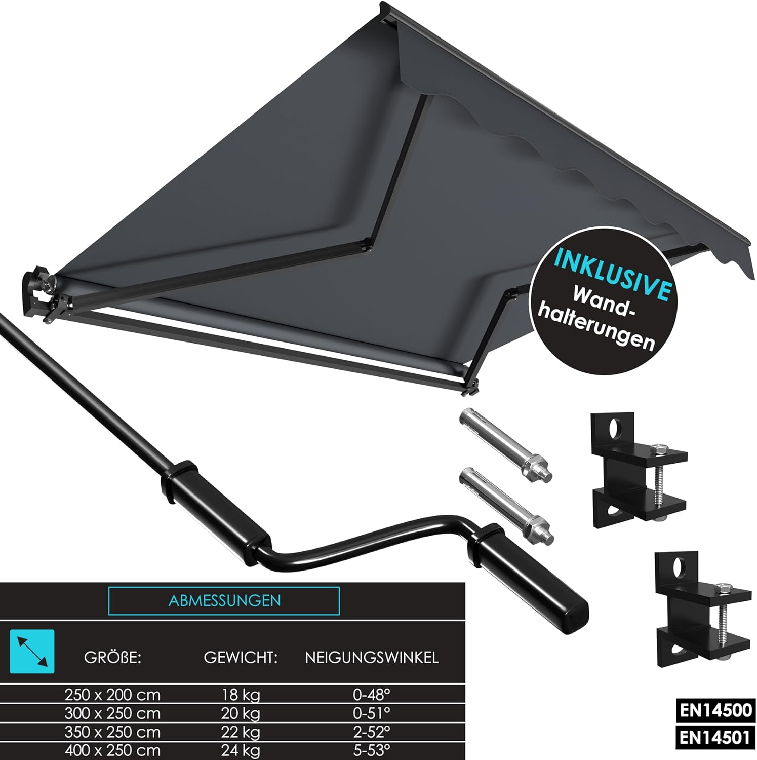 KESSER® Gelenkarmmarkise Vormontiert Markise Gelenkmarkise 300 x 250 cm Terrassenmarkise Sonnenmarkise inkl. Wandhalterung Sonnenschutz Balkonmarkise wasserabweisend Alu/Polyester Anthrazit — Ansicht 4