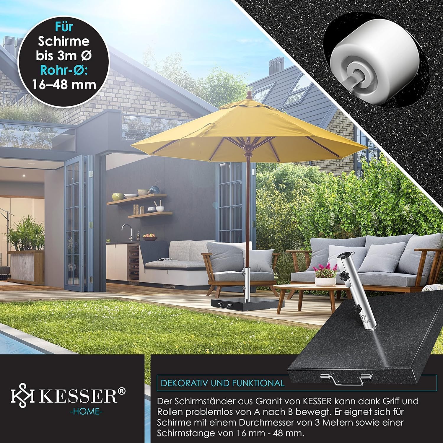 KESSER® Granit Sonnenschirmständer mit Edelstahlrohr, Hochwertiger Schirmständer Quadrat Sockel 30KG - für Schirmstöcke bis 16-48 mm, Inkl. Transport Griff Garten Balkonschirmständer, Anthrazit — Ansicht 5