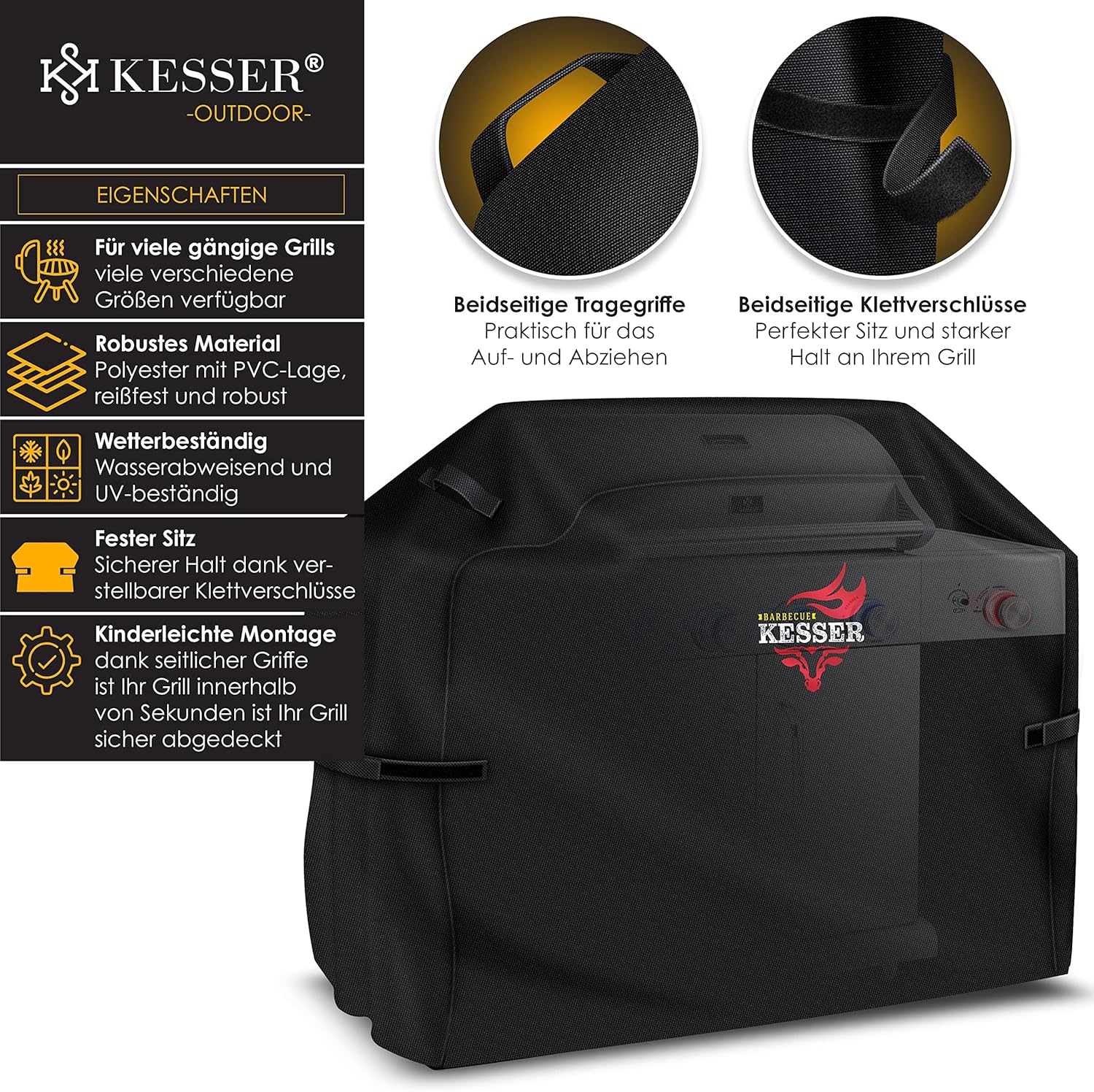 KESSER® Grillabdeckung Wetterfest, Grill Abdeckhaube Gasgrill, Grillhaube Schutzhülle für Weber, Enders, Char Broil, 600D Oxford Gewebe, wasserdicht, UV-beständig, reißfest, 152x71x112cm, Schwarz — Ansicht 2