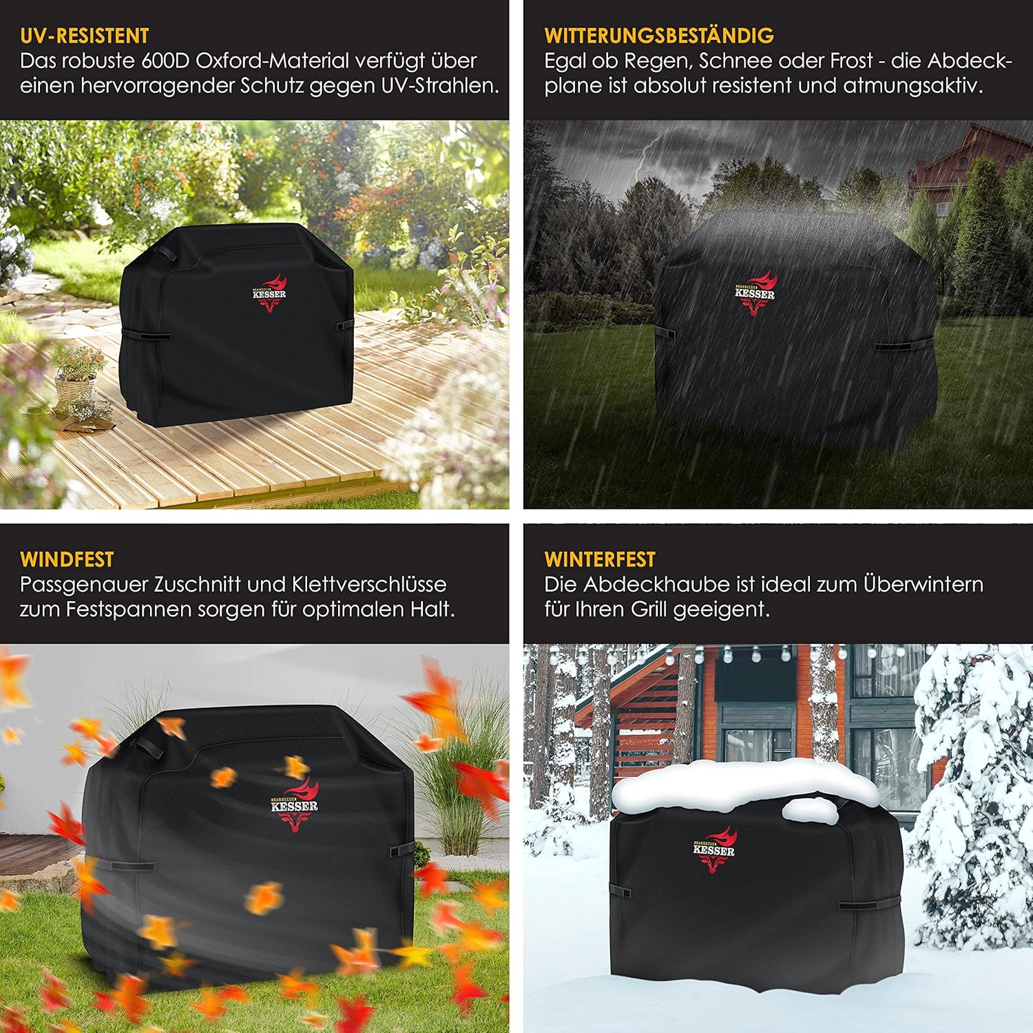 KESSER® Grillabdeckung Wetterfest, Grill Abdeckhaube Gasgrill, Grillhaube Schutzhülle für Weber, Enders, Char Broil, 600D Oxford Gewebe, wasserdicht, UV-beständig, reißfest, 152x71x112cm, Schwarz — Ansicht 3
