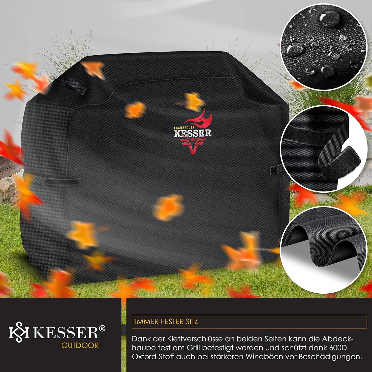 KESSER® Grillabdeckung Wetterfest, Grill Abdeckhaube Gasgrill, Grillhaube Schutzhülle für Weber, Enders, Char Broil, 600D Oxford Gewebe, wasserdicht, UV-beständig, reißfest, 152x71x112cm, Schwarz — Ansicht 5