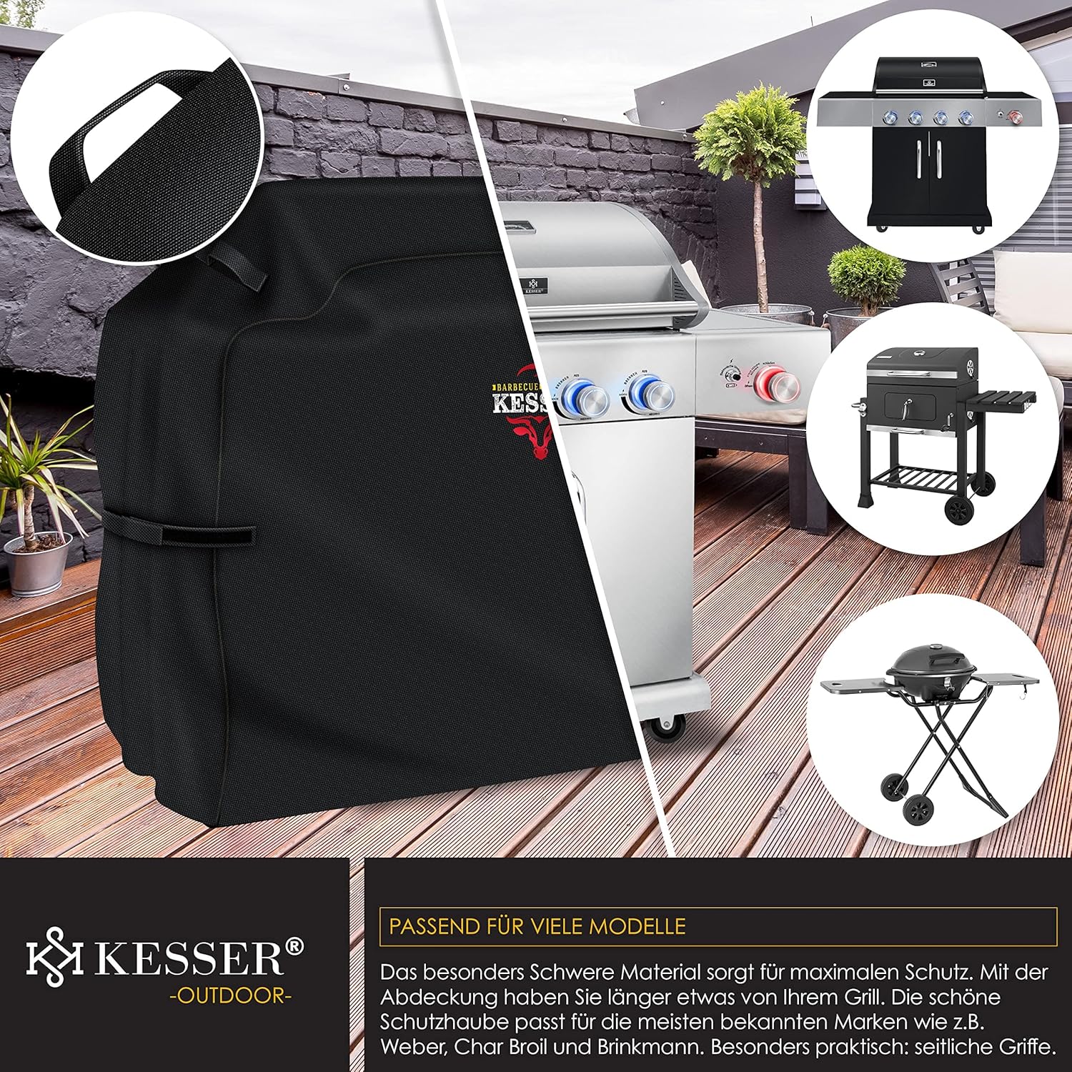 KESSER® Grillabdeckung Wetterfest, Grill Abdeckhaube Gasgrill, Grillhaube Schutzhülle für Weber, Enders, Char Broil, 600D Oxford Gewebe, wasserdicht, UV-beständig, reißfest, 152x71x112cm, Schwarz — Ansicht 6