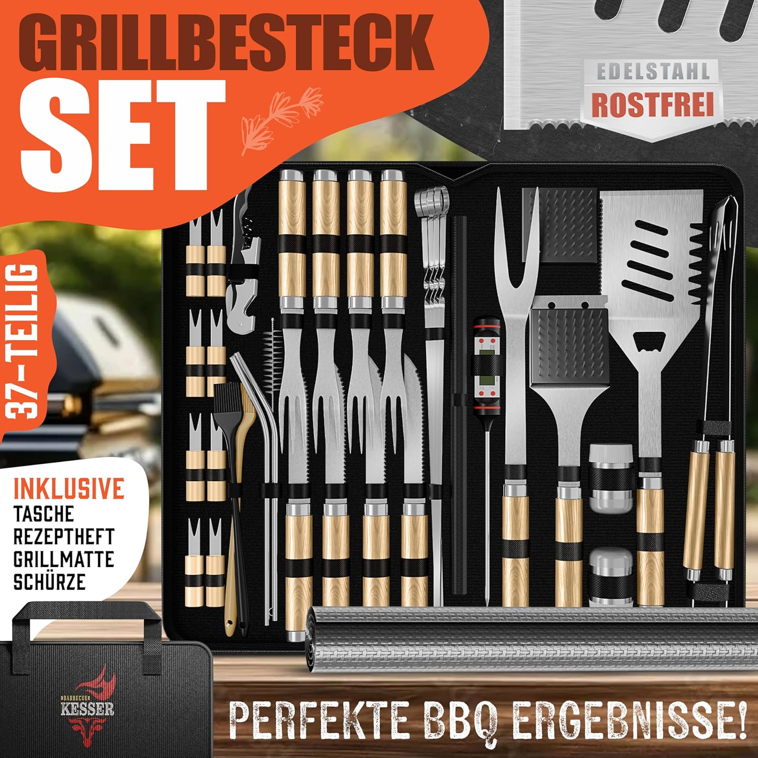 KESSER® Grillbesteck Set 37-teilig Grillzubehör aus rostfreiem Edelstahl Grillset mit Grillzange, Grillwender, 4in1 Grillspatel, Grillgabel, Grill-Spieß, Thermometer, Korkenzieher, Grillmatte & Tasche — Ansicht 2