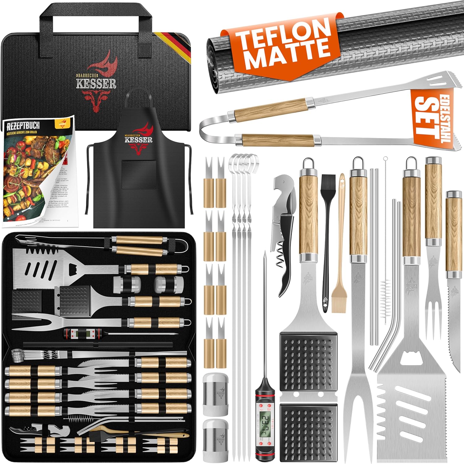 KESSER® Grillbesteck Set 37-teilig Grillzubehör aus rostfreiem Edelstahl Grillset mit Grillzange, Grillwender, 4in1 Grillspatel, Grillgabel, Grill-Spieß, Thermometer, Korkenzieher, Grillmatte & Tasche