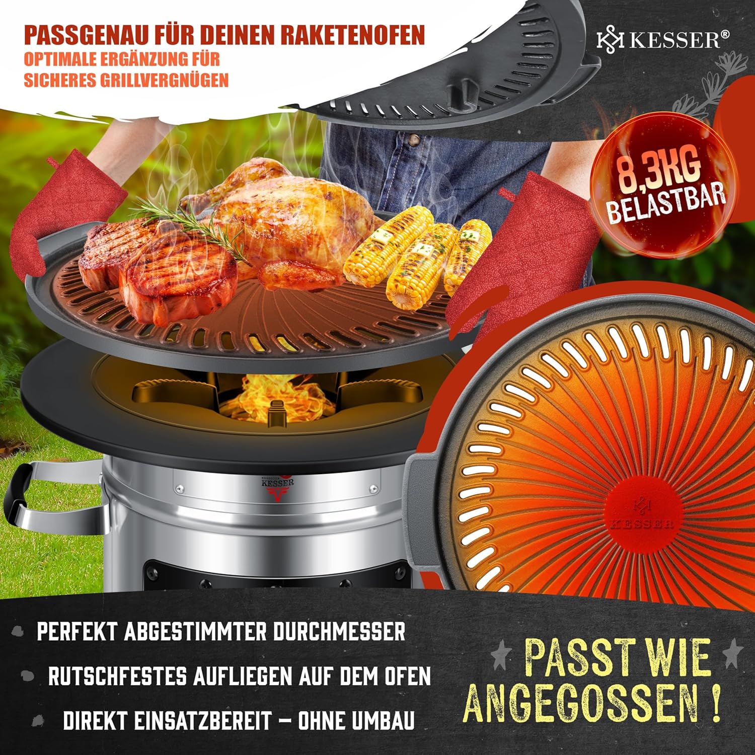 KESSER® Grillplatte für Raketenofen, Grillplatte aus Gusseisen für Dutch Oven BBQ Rakete Holzofen Camping Campingkocher Campinggrill, Leicht zu reinigen, für Fleisch und kleine Grillstücke — Ansicht 2