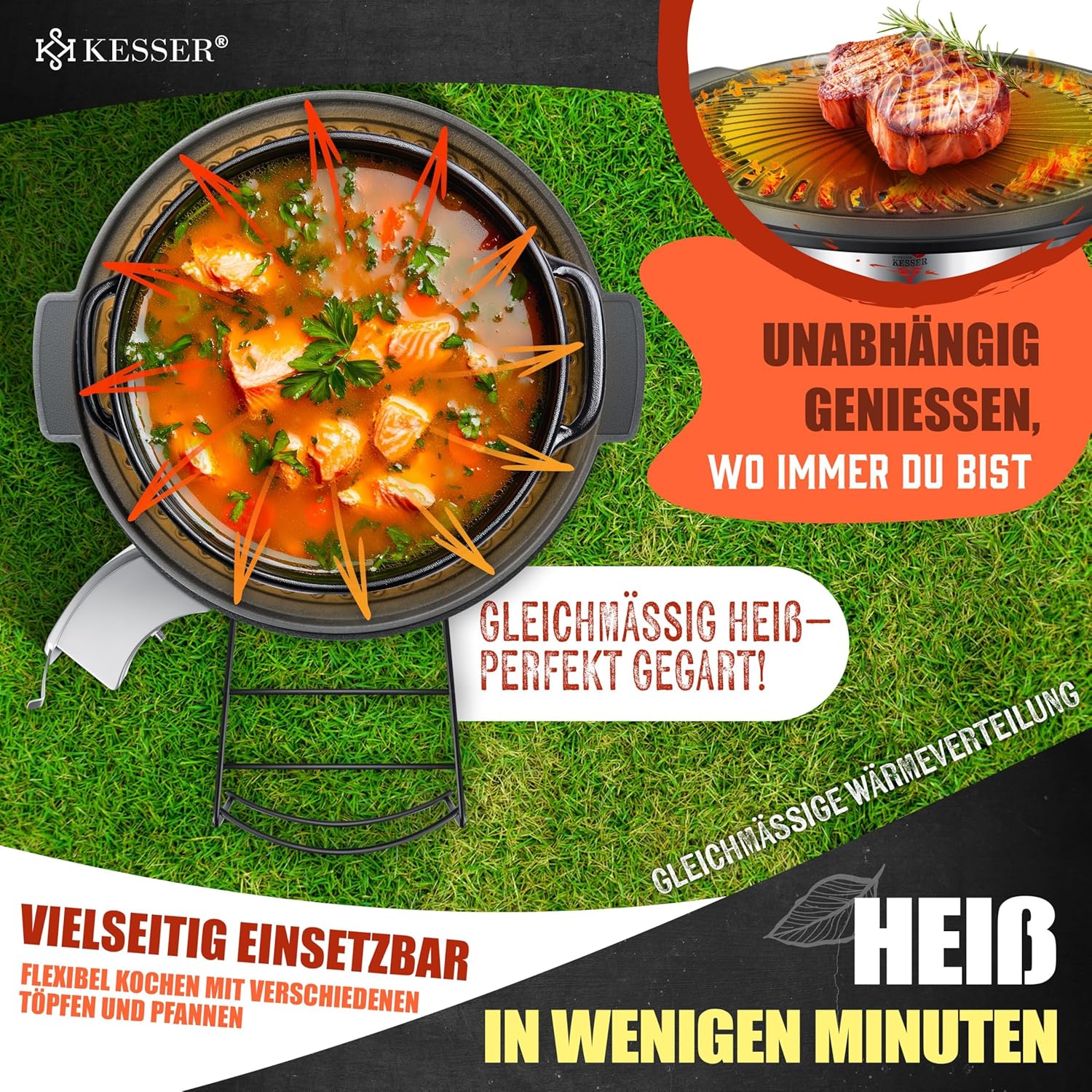 KESSER® Grillplatte für Raketenofen, Grillplatte aus Gusseisen für Dutch Oven BBQ Rakete Holzofen Camping Campingkocher Campinggrill, Leicht zu reinigen, für Fleisch und kleine Grillstücke — Ansicht 4