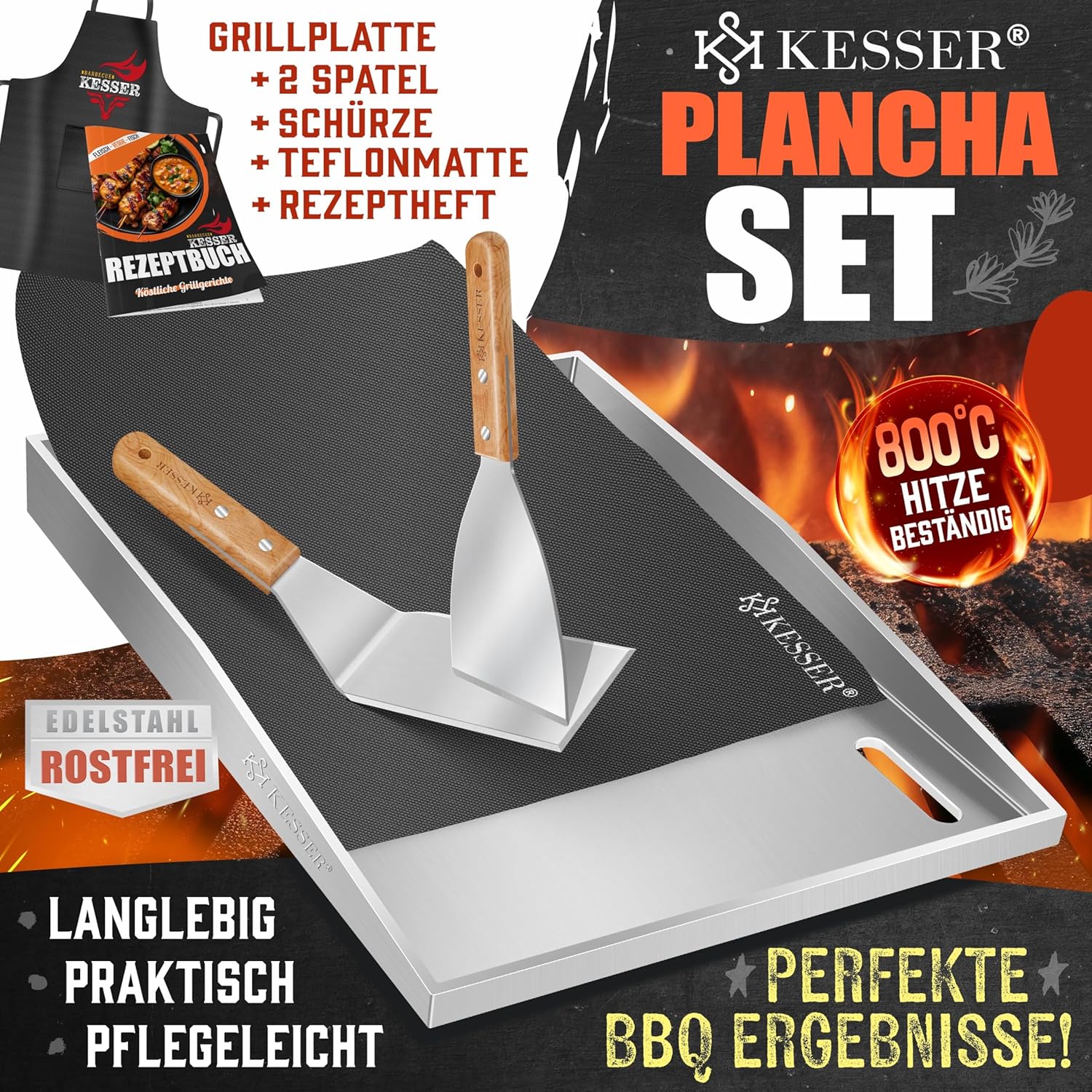 KESSER® Grillplatte Plancha aus Edelstahl 40x30cm rostfrei mit Fettablauf, hitzebeständig bis 800°C & Spülmaschinenfest für Gas & Holzkohlegrill inkl. 2 Spatel, Grillschürze, Grillmatte & Rezeptbuch — Ansicht 2