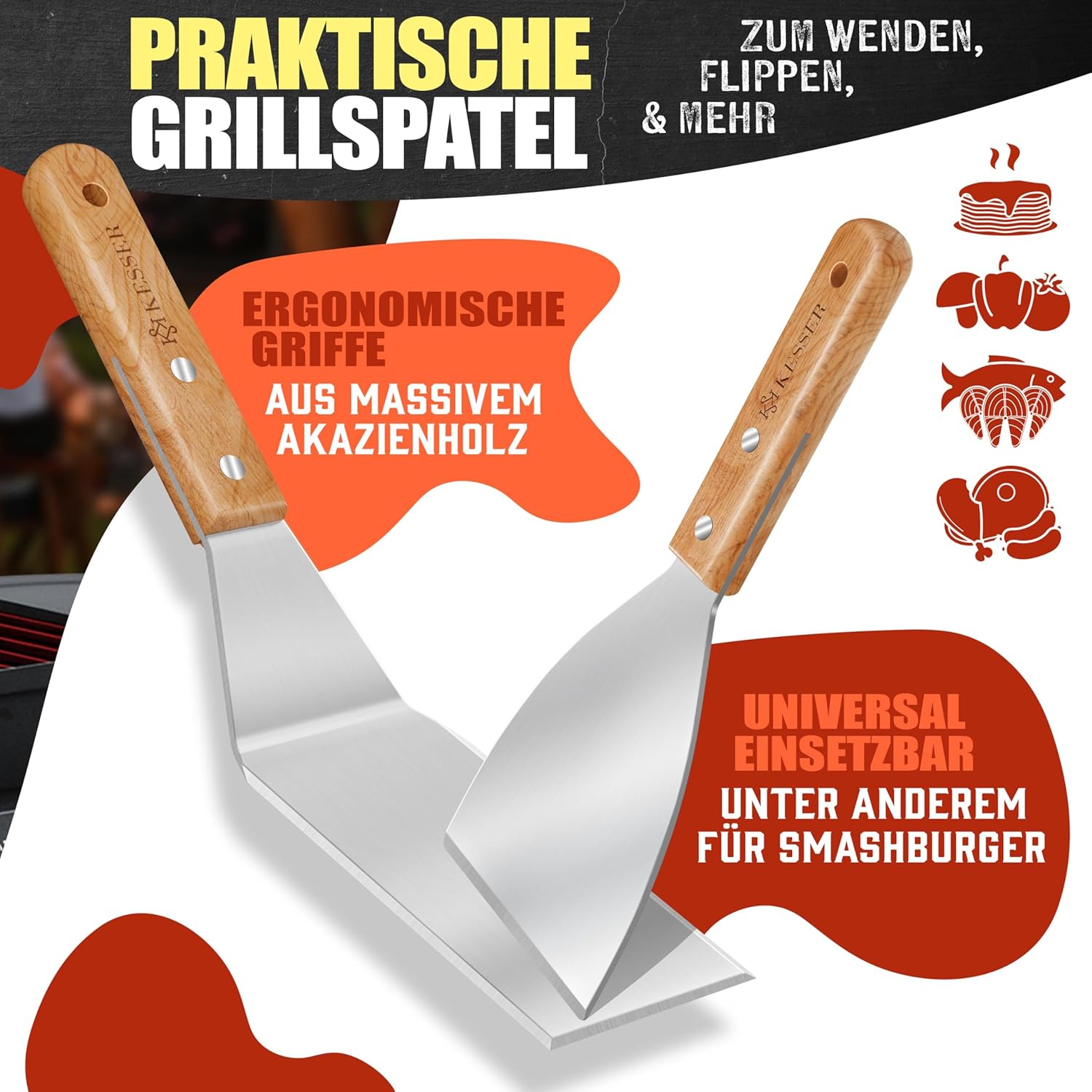 KESSER® Grillplatte Plancha aus Edelstahl 40x30cm rostfrei mit Fettablauf, hitzebeständig bis 800°C & Spülmaschinenfest für Gas & Holzkohlegrill inkl. 2 Spatel, Grillschürze, Grillmatte & Rezeptbuch — Ansicht 6