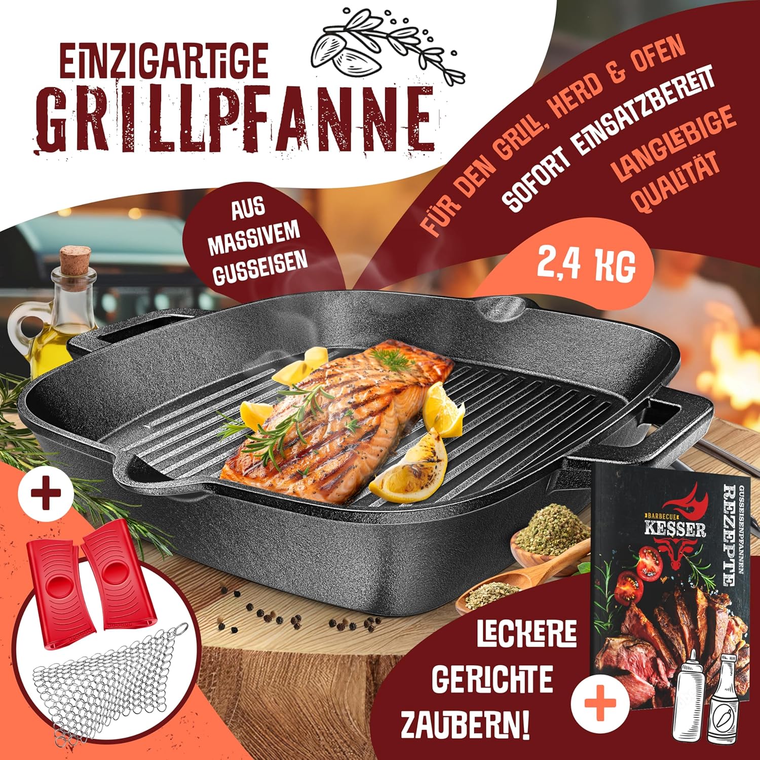 KESSER® Gusseisen Grillpfanne Induktion 26 cm | Gusseisenpfanne Bratpfanne | Cast Iron Pan für Gasgrill, Backofen, Kohlegrill | Steakpfanne | Inkl. Schutzgriffe, Rezeptbuch und Ringreiniger — Ansicht 2