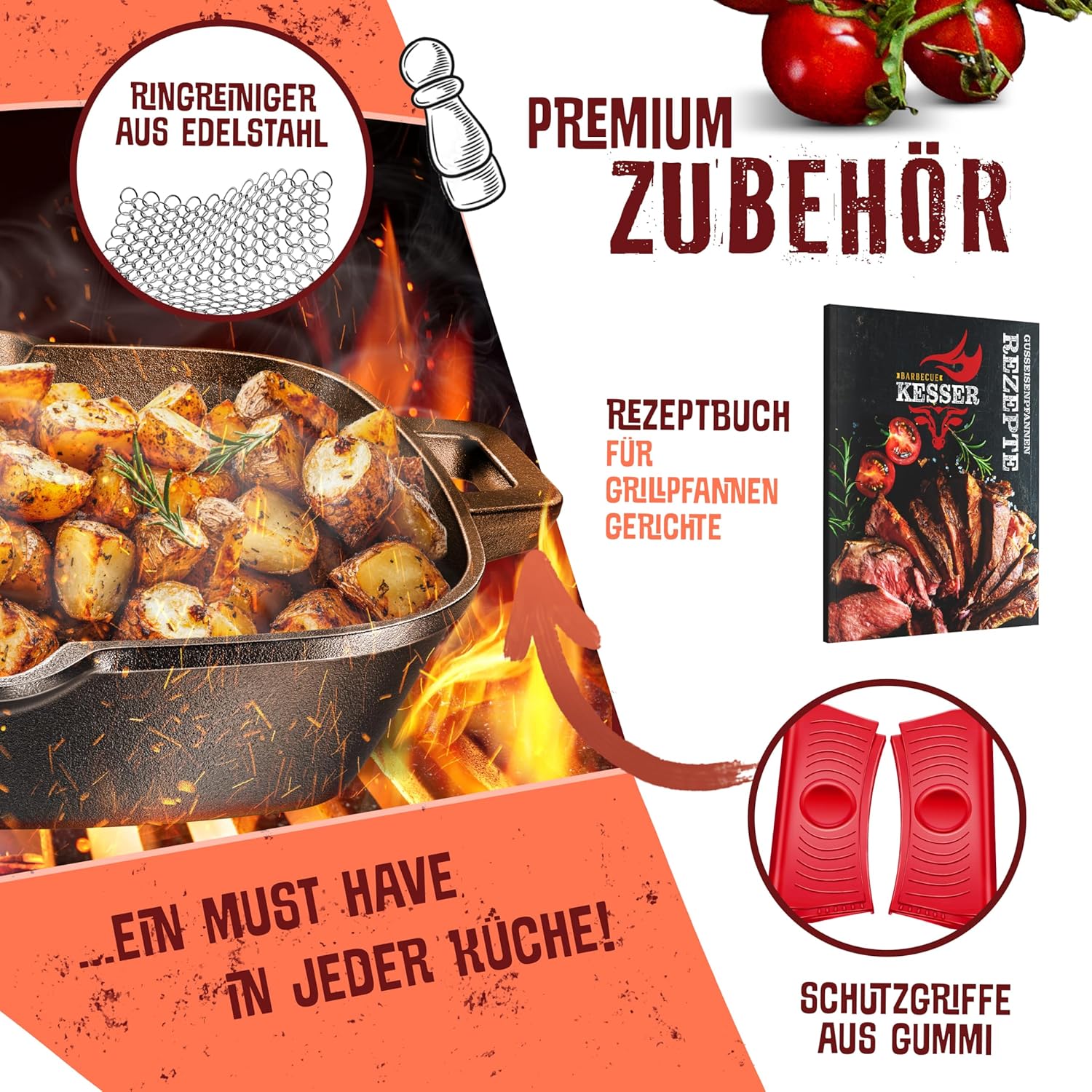 KESSER® Gusseisen Grillpfanne Induktion 26 cm | Gusseisenpfanne Bratpfanne | Cast Iron Pan für Gasgrill, Backofen, Kohlegrill | Steakpfanne | Inkl. Schutzgriffe, Rezeptbuch und Ringreiniger — Ansicht 6