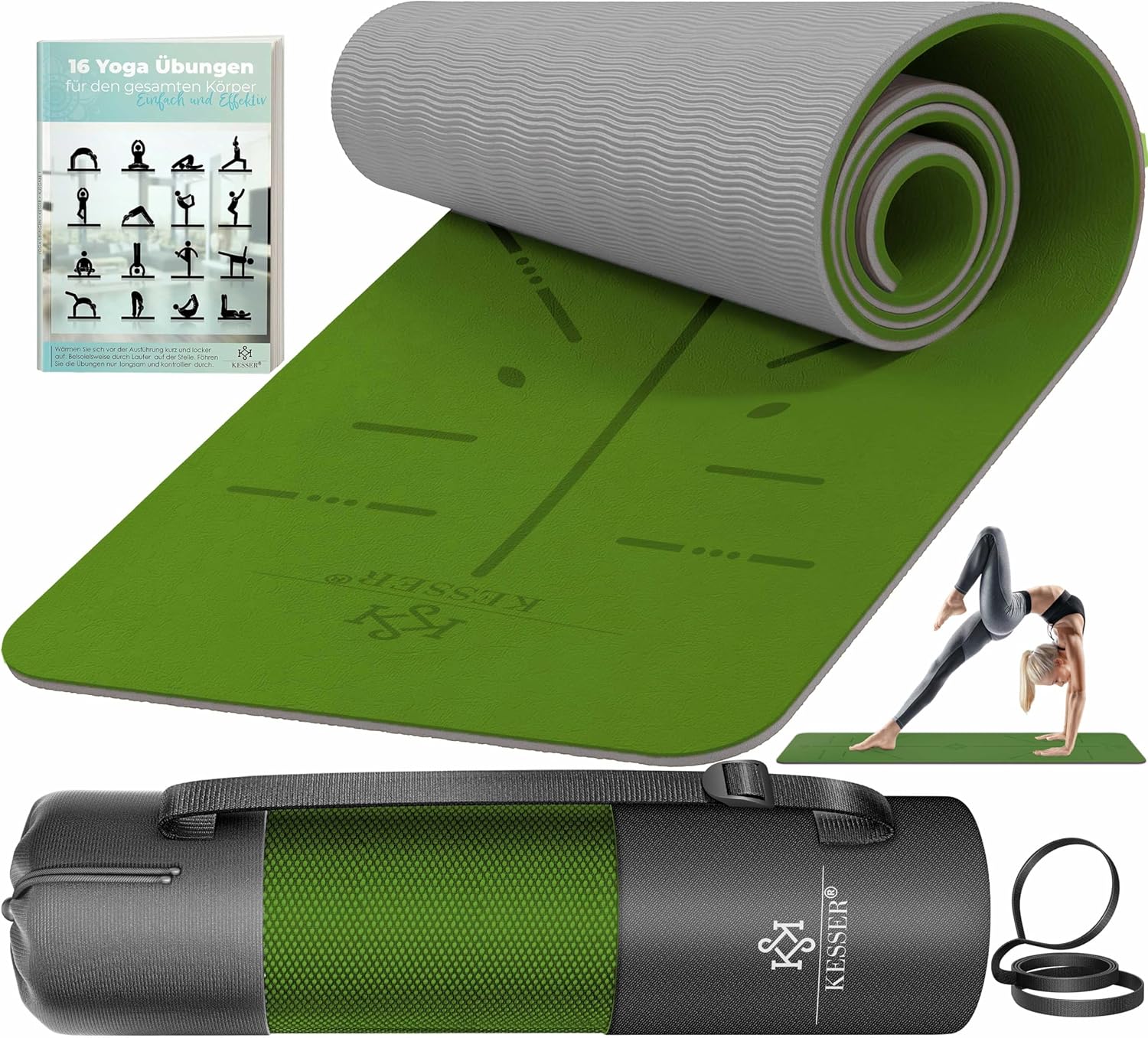 KESSER® Gymnastikmatte mit Tragegurt rutschfest TPE Yogamatte Gepolstert & rutschfest Fitnessmatte, 183 x 61 Trainingsmatte für Fitness Sportmatte, Pilates & Gymnastik Workout
