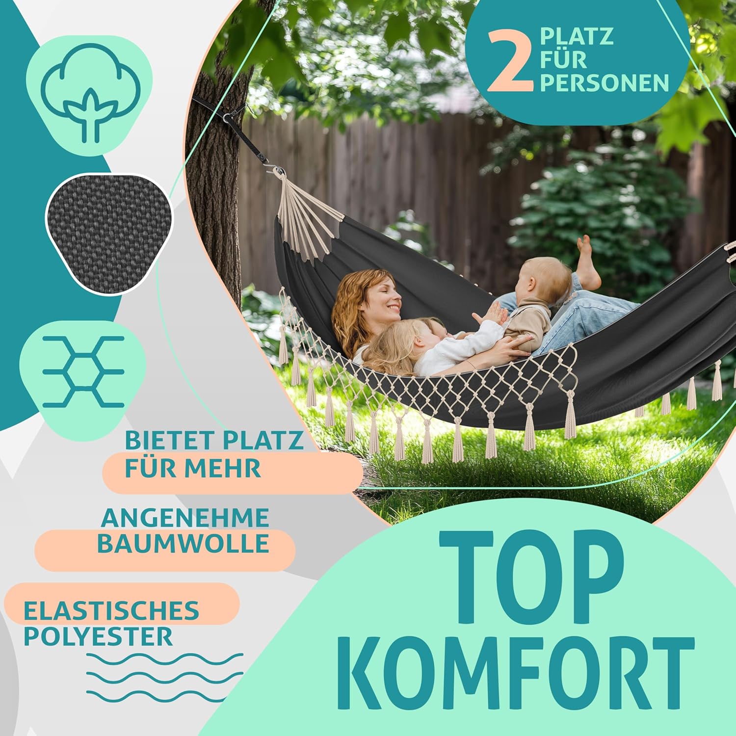 KESSER® Hängematte 320x150 cm belastbar bis 300 kg, wetterfeste & atmungsaktive Tuchhängematte mit Fransen für 1-2 Personen – Ideal für Camping, Garten & Outdoor, inkl. Beutel, Seile & Gurte,Anthrazit — Ansicht 3