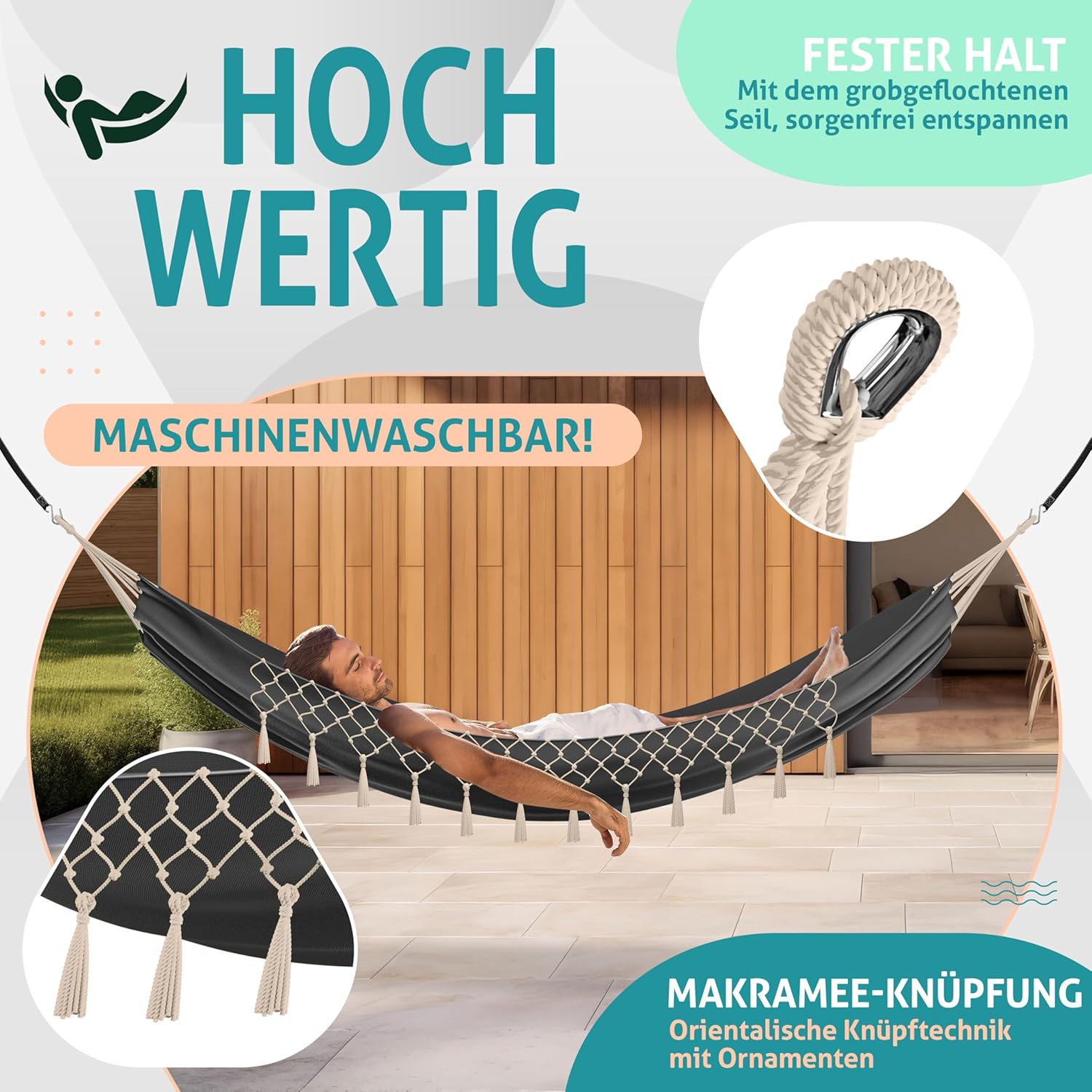 KESSER® Hängematte 320x150 cm belastbar bis 300 kg, wetterfeste & atmungsaktive Tuchhängematte mit Fransen für 1-2 Personen – Ideal für Camping, Garten & Outdoor, inkl. Beutel, Seile & Gurte,Anthrazit — Ansicht 4