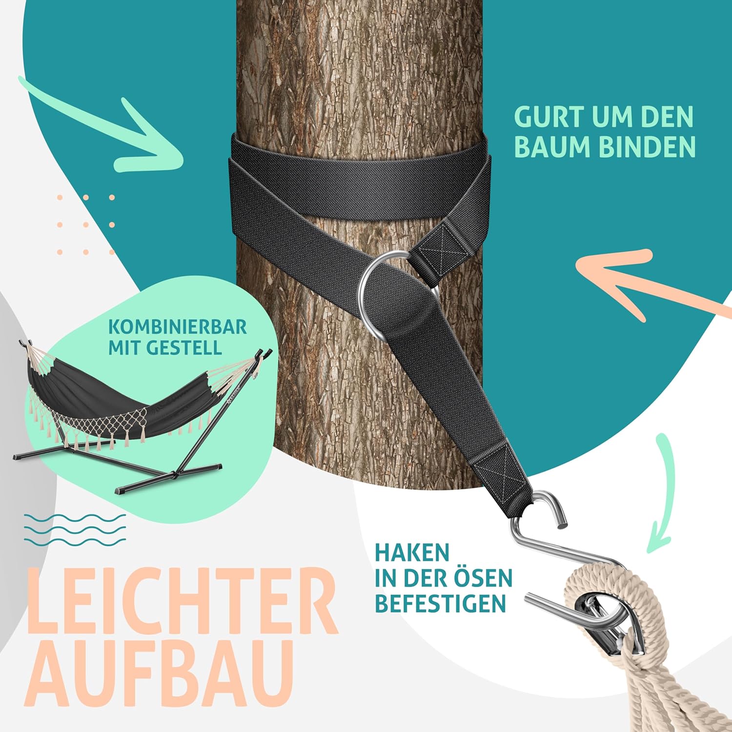 KESSER® Hängematte 320x150 cm belastbar bis 300 kg, wetterfeste & atmungsaktive Tuchhängematte mit Fransen für 1-2 Personen – Ideal für Camping, Garten & Outdoor, inkl. Beutel, Seile & Gurte,Anthrazit — Ansicht 6