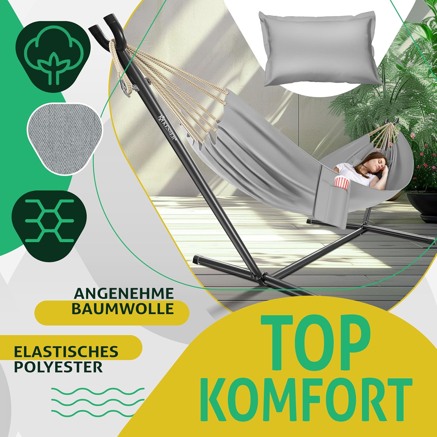 KESSER® Hängematte Lake mit Gestell, Doppel für 2 Personen, 200kg Belastbarkeit, Indoor & Outdoor, XXL Hängesessel, Garten, Pool, Balkon, Terrasse, Inkl. Kissen, Beutel & Tasche, Grau — Ansicht 3