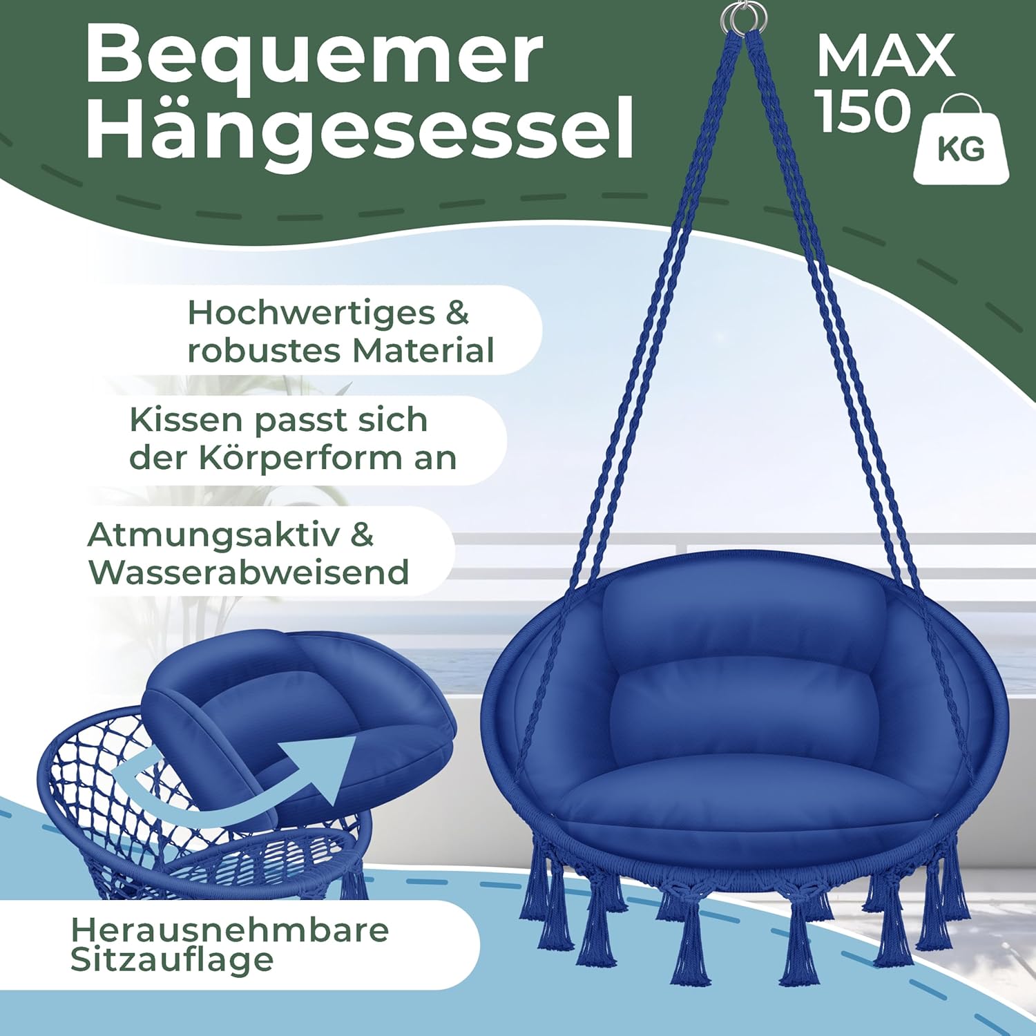 KESSER® Hängesessel 150kg mit 2 Stahlringe Sitzpolster geflochten Fransen Hängestuhl Hängekorb Schaukelkorb Garten Indoor wetterfest, wasserabweisend, Navyblau — Ansicht 2