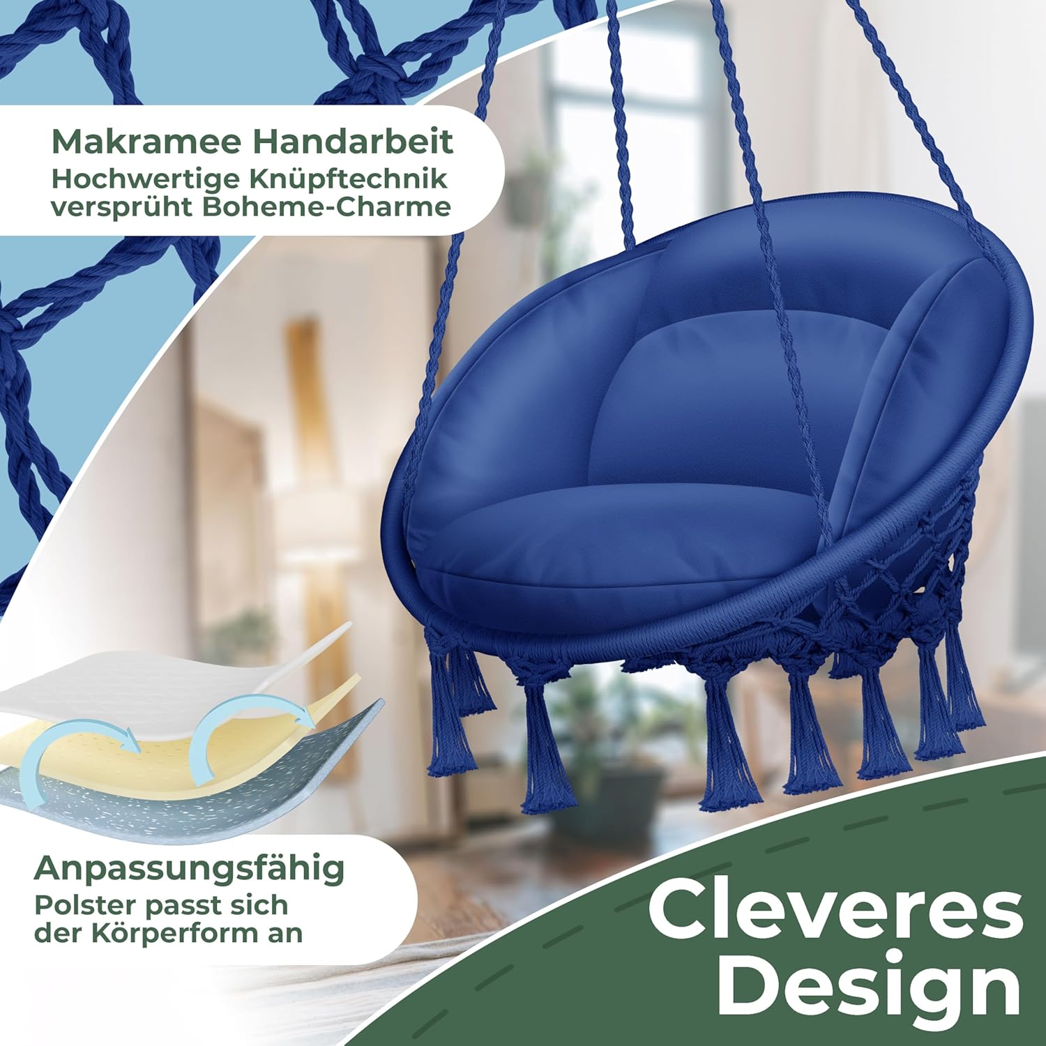 KESSER® Hängesessel 150kg mit 2 Stahlringe Sitzpolster geflochten Fransen Hängestuhl Hängekorb Schaukelkorb Garten Indoor wetterfest, wasserabweisend, Navyblau — Ansicht 3