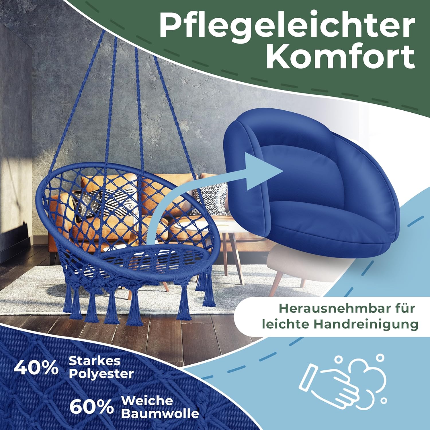 KESSER® Hängesessel 150kg mit 2 Stahlringe Sitzpolster geflochten Fransen Hängestuhl Hängekorb Schaukelkorb Garten Indoor wetterfest, wasserabweisend, Navyblau — Ansicht 4