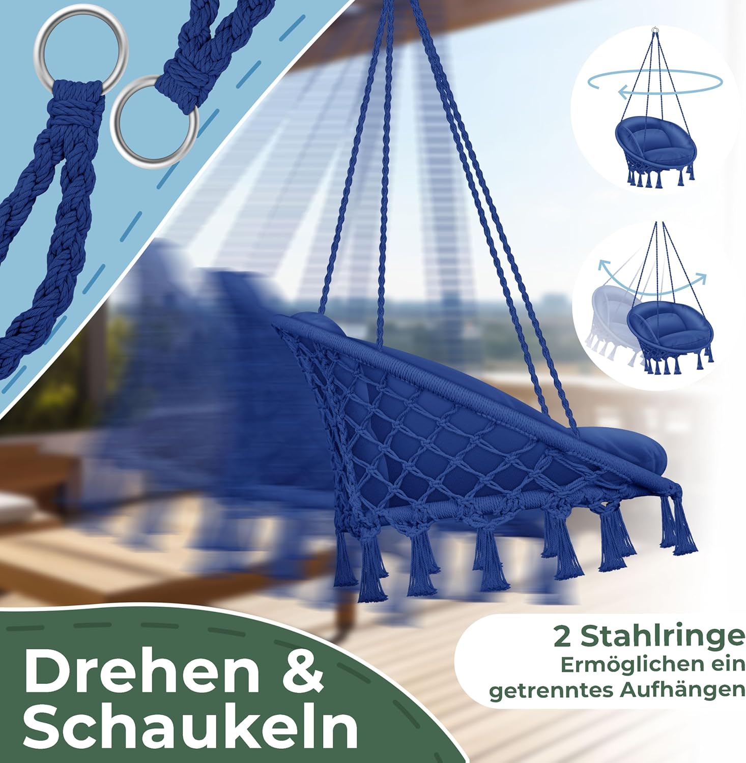 KESSER® Hängesessel 150kg mit 2 Stahlringe Sitzpolster geflochten Fransen Hängestuhl Hängekorb Schaukelkorb Garten Indoor wetterfest, wasserabweisend, Navyblau — Ansicht 6