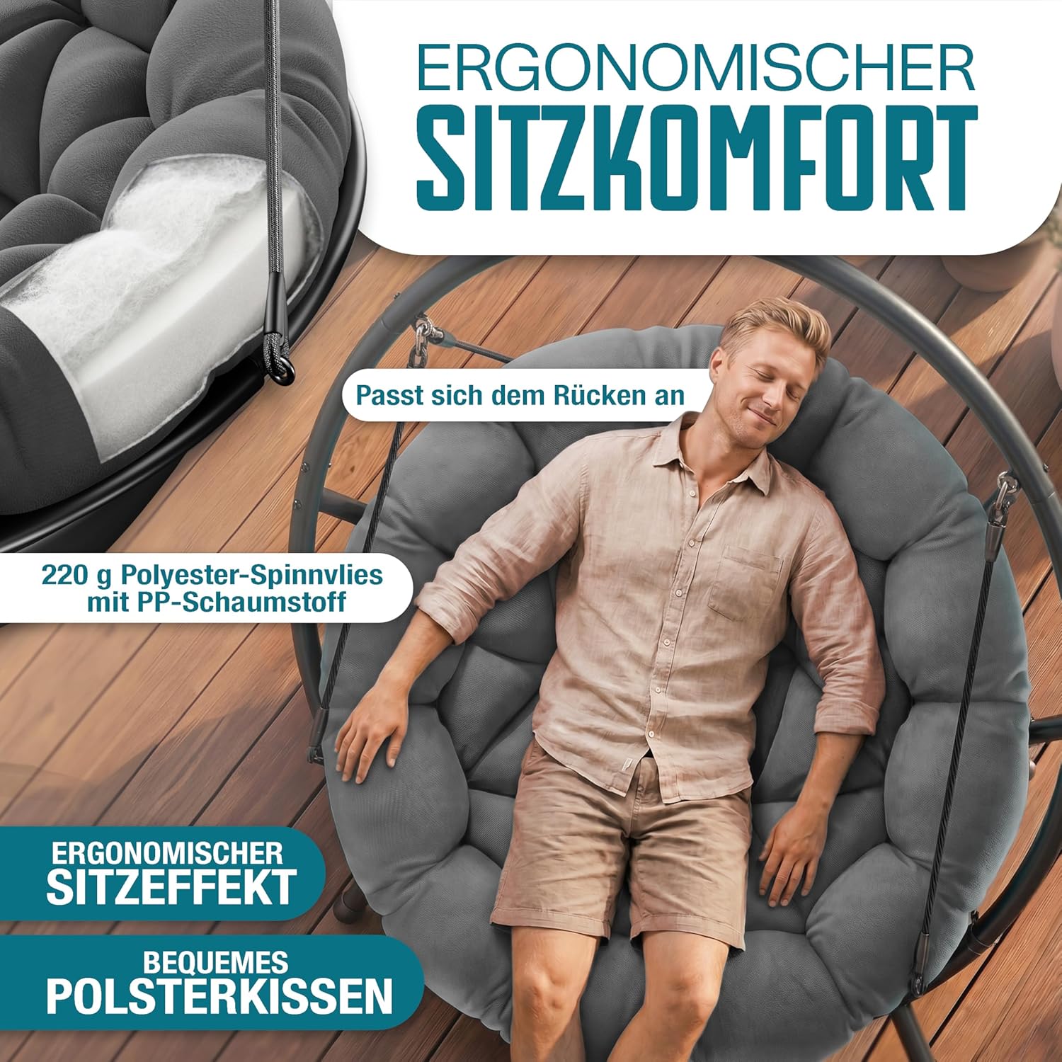 KESSER® Hängesessel mit Gestell Bali Hängeschaukel Hängestuhl bis 150kg für Indoor und Outdoor + Kissen & Seitentasche Hängekorb Stahlgestell & Schaumstoff Sitzpolster — Ansicht 3