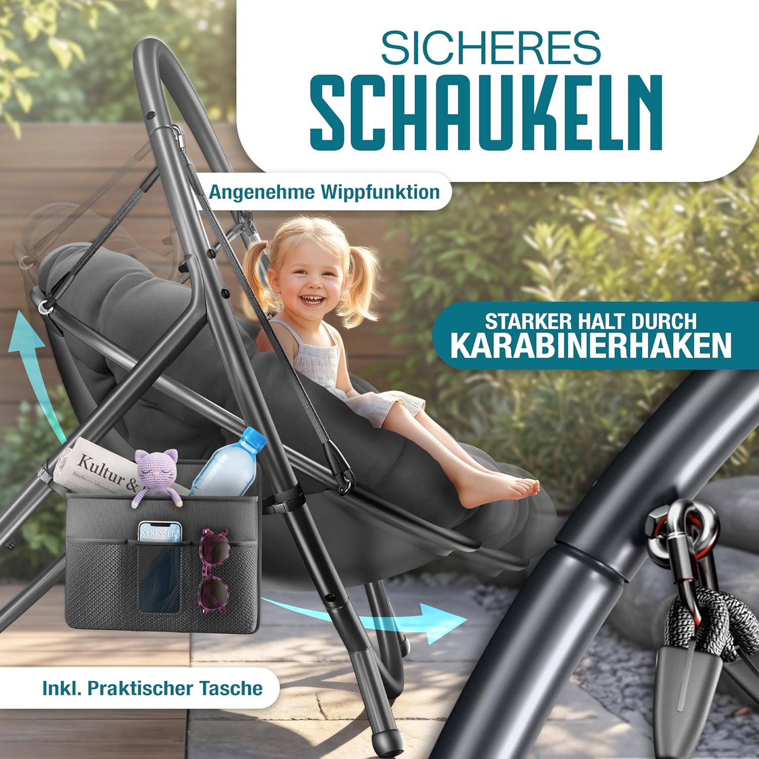 KESSER® Hängesessel mit Gestell Bali Hängeschaukel Hängestuhl bis 150kg für Indoor und Outdoor + Kissen & Seitentasche Hängekorb Stahlgestell & Schaumstoff Sitzpolster — Ansicht 5
