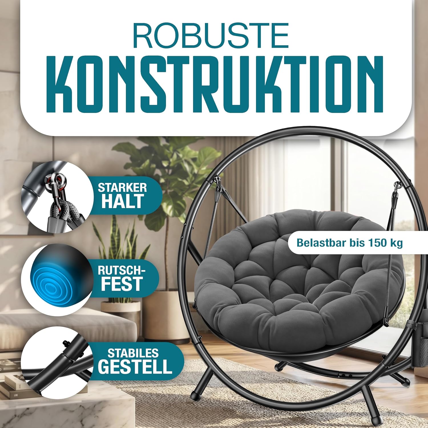 KESSER® Hängesessel mit Gestell Bali Hängeschaukel Hängestuhl bis 150kg für Indoor und Outdoor + Kissen & Seitentasche Hängekorb Stahlgestell & Schaumstoff Sitzpolster — Ansicht 6