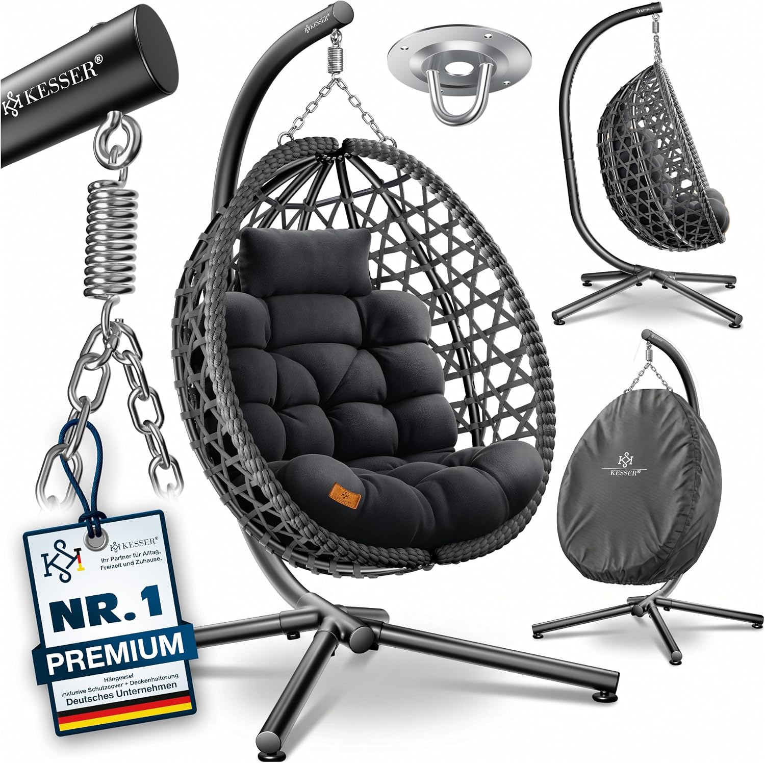 KESSER® Hängesessel mit Gestell Outdoor Indoor Schaukelstuhl Polyrattan 360° 150kg Tragkraft inkl. Polsterkissen & 2in1 Deckenhalterung + Cover – Relaxschaukel - Garten, Balkon, Terrasse, Anthrazit