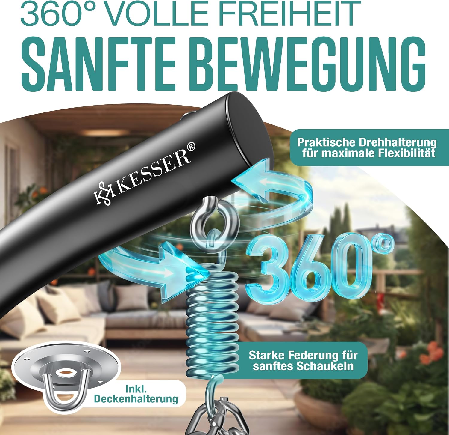 KESSER® Hängesessel mit Gestell Outdoor Indoor Schaukelstuhl Polyrattan 360° 150kg Tragkraft inkl. Polsterkissen & 2in1 Deckenhalterung + Cover – Relaxschaukel - Garten, Balkon, Terrasse, Anthrazit — Ansicht 4