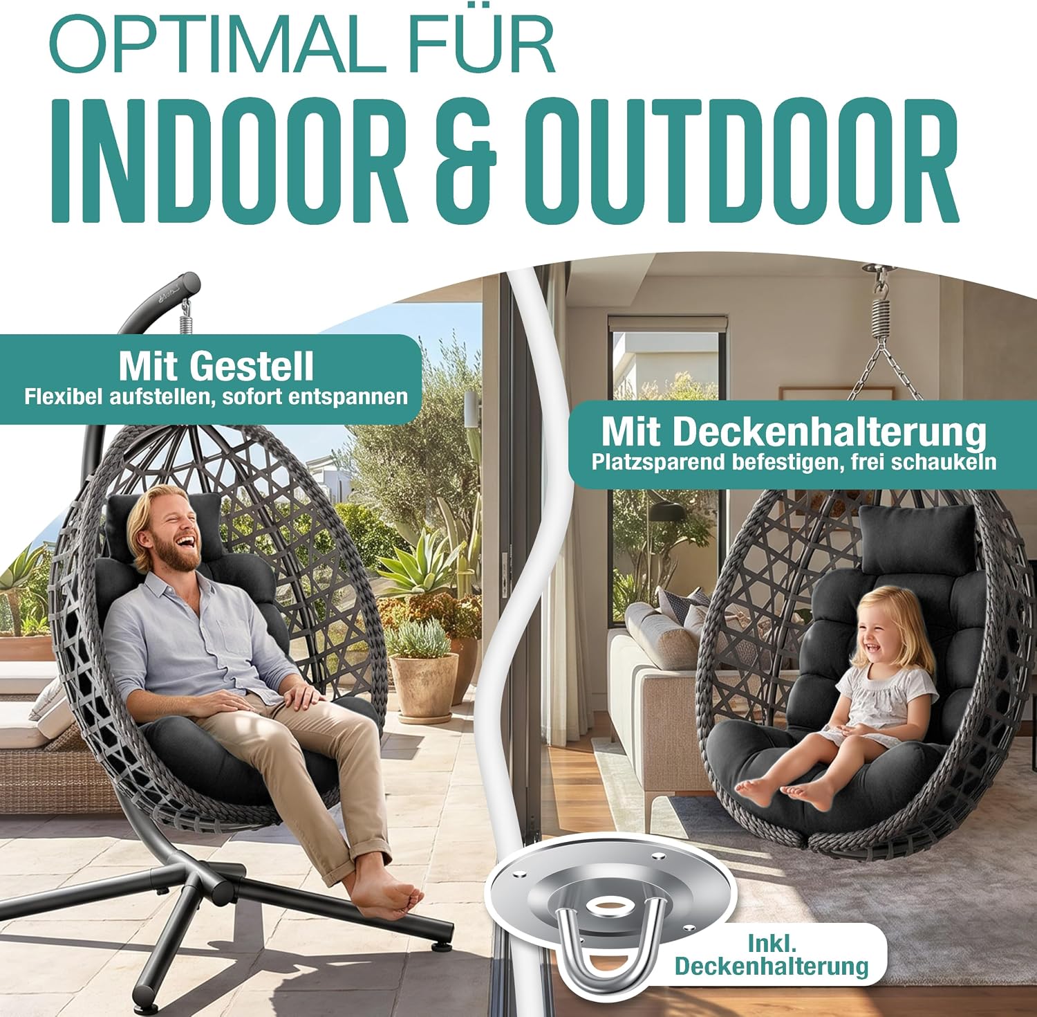 KESSER® Hängesessel mit Gestell Outdoor Indoor Schaukelstuhl Polyrattan 360° 150kg Tragkraft inkl. Polsterkissen & 2in1 Deckenhalterung + Cover – Relaxschaukel - Garten, Balkon, Terrasse, Anthrazit — Ansicht 5