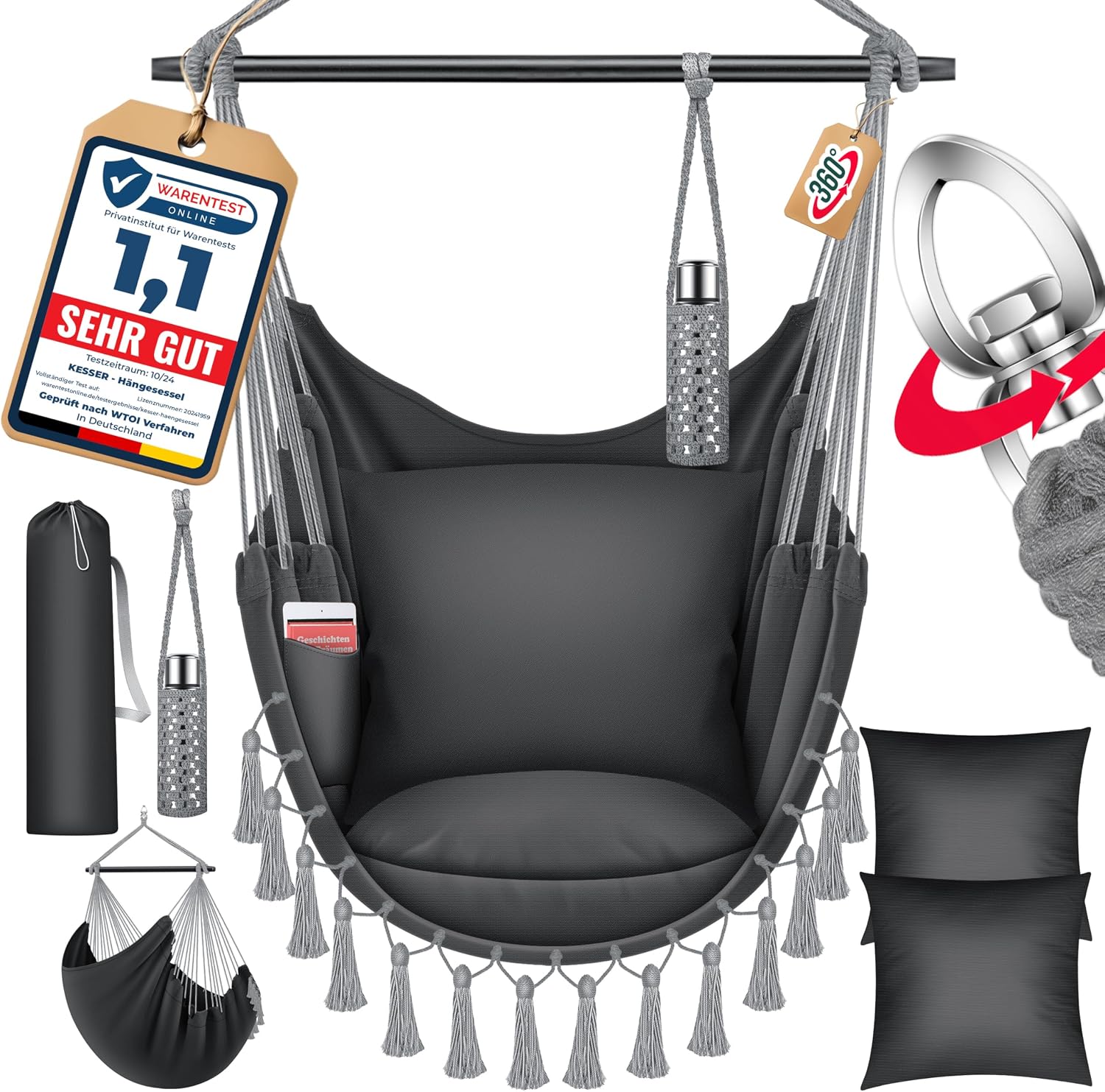 KESSER® Hängesessel Safari XXL Hängestuhl für Erwachsene & Kinder Hängematte bis 150 kg Hängesitz Aufhängung Indoor-Outdoor-Wohnen Inkl. Tragetasche, 2 Kissen, Getränkehalter & Bücherfach, Anthrazit