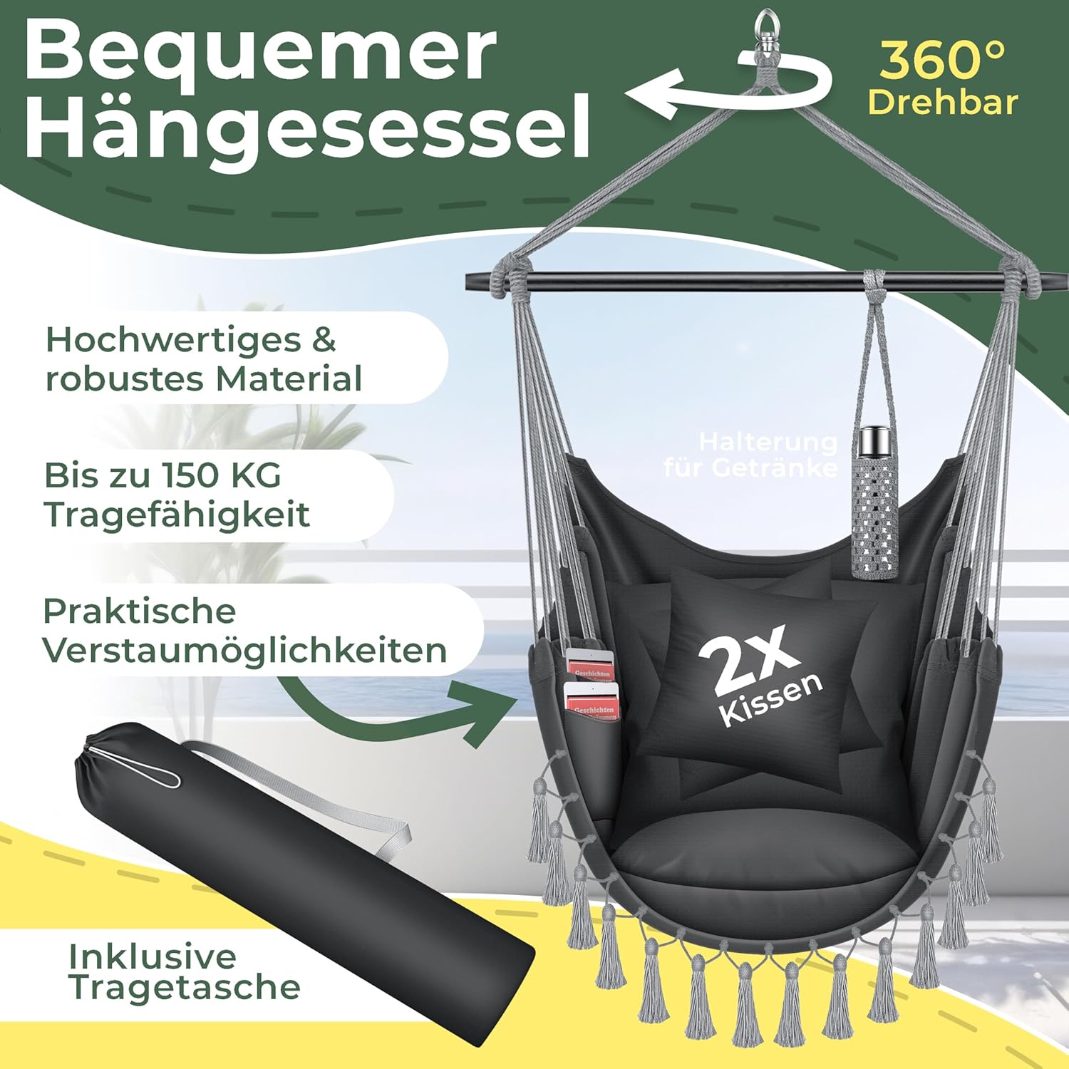 KESSER® Hängesessel Safari XXL Hängestuhl für Erwachsene & Kinder Hängematte bis 150 kg Hängesitz Aufhängung Indoor-Outdoor-Wohnen Inkl. Tragetasche, 2 Kissen, Getränkehalter & Bücherfach, Anthrazit — Ansicht 2