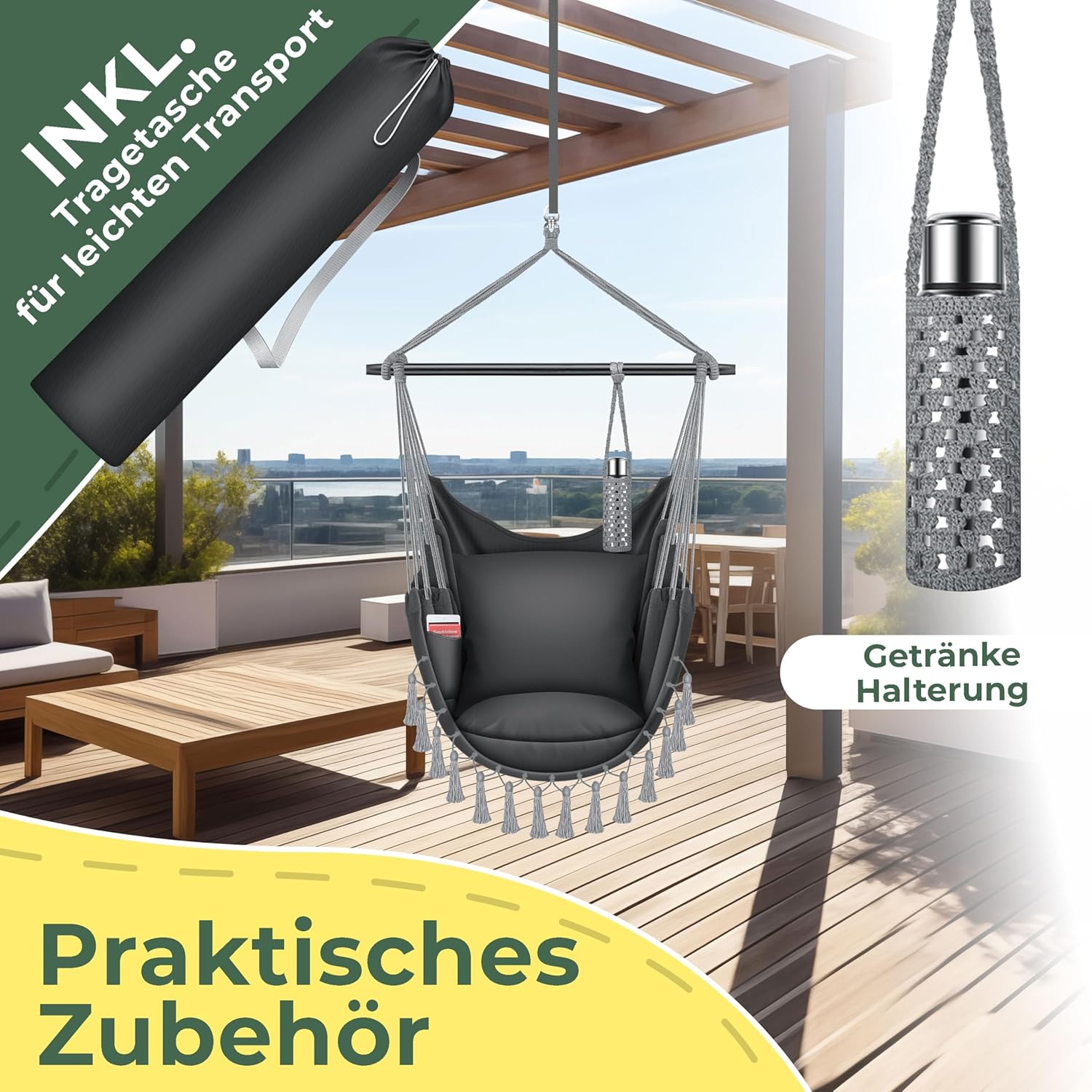 KESSER® Hängesessel Safari XXL Hängestuhl für Erwachsene & Kinder Hängematte bis 150 kg Hängesitz Aufhängung Indoor-Outdoor-Wohnen Inkl. Tragetasche, 2 Kissen, Getränkehalter & Bücherfach, Anthrazit — Ansicht 6