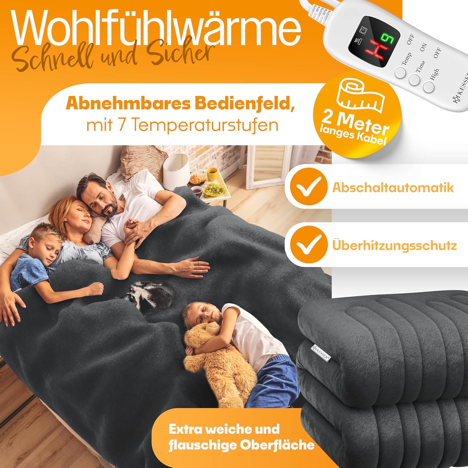 KESSER® Heizdecke aus Plüsch 180x130cm Grau TÜV SÜD GS geprüft | elektrische Wärmedecke mit Timer Abschaltautomatik | Kuscheldecke Decke | 7 Temperaturstufen | waschbar bis 40°C | Digitalanzeige — Ansicht 2