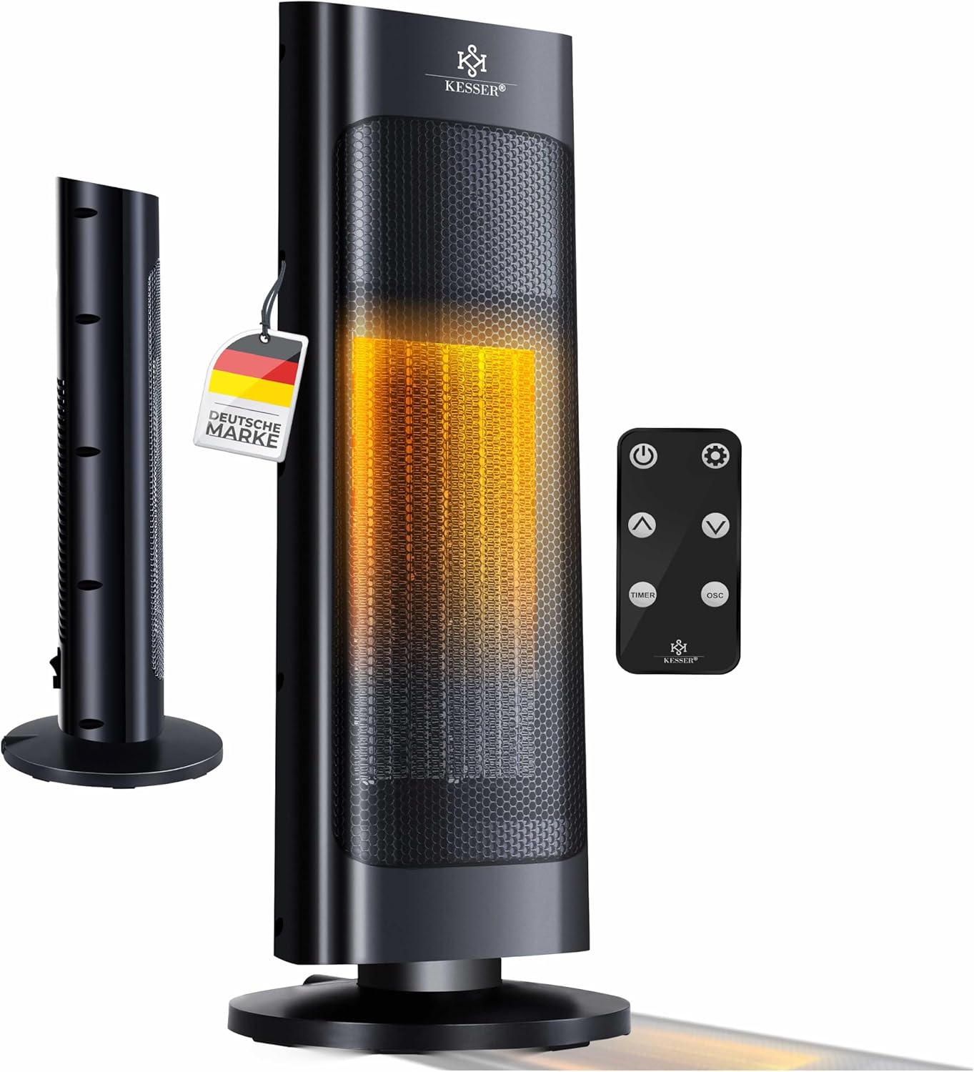 KESSER® Heizlüfter mit Fernbedienung energiesparend leise 2000W Keramik Heizstrahler Standheizstrahler 15-30°C - Schnellheizer mit 80° Oszillationsfunktion 24h Timer Heizung Turmheizstrahler, Schwarz