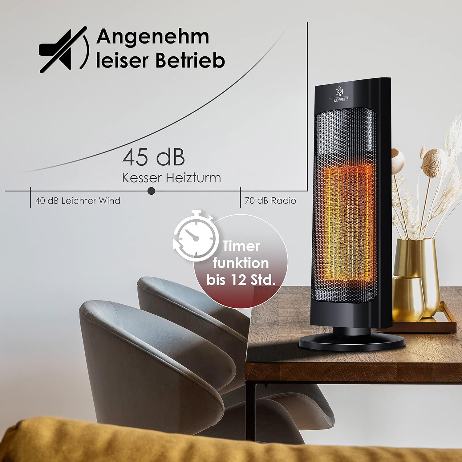 KESSER® Heizlüfter mit Fernbedienung energiesparend leise 2000W Keramik Heizstrahler Standheizstrahler 15-30°C - Schnellheizer mit 80° Oszillationsfunktion 24h Timer Heizung Turmheizstrahler, Schwarz — Ansicht 4