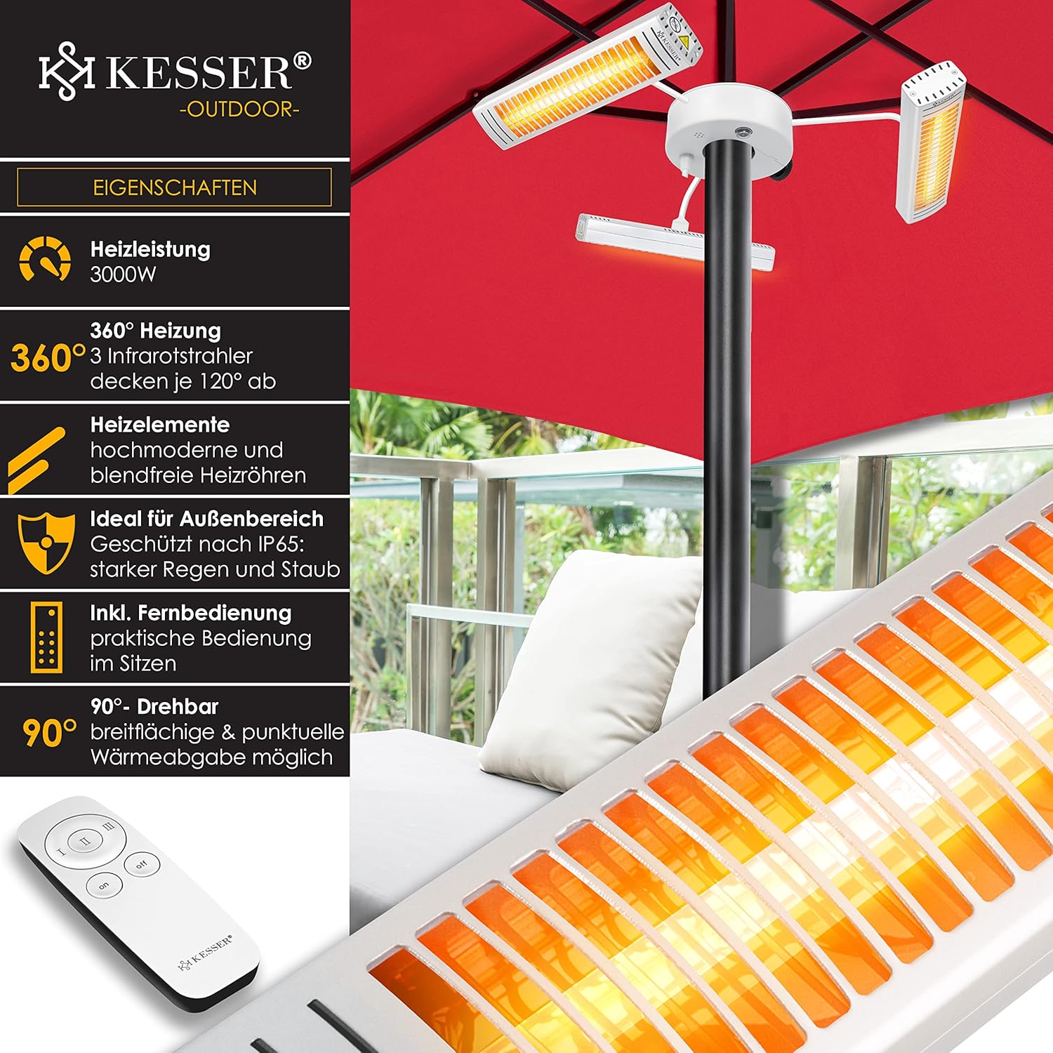 KESSER® Heizstrahler Infrarot 3000W für Terrasse Gastro- & Sonnenschirm Quarzstrahler Outdoor Infrarotstrahler Terrassenstrahler mit Fernbedienung | höhenverstellbar Garten & Außenbereich — Ansicht 2