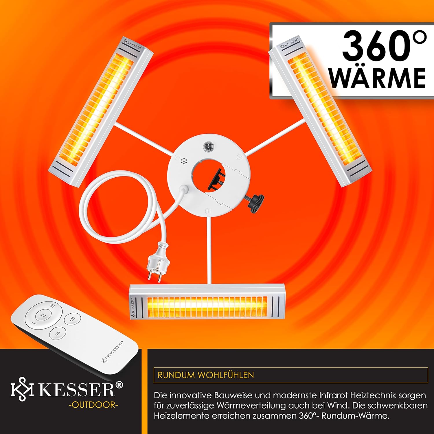 KESSER® Heizstrahler Infrarot 3000W für Terrasse Gastro- & Sonnenschirm Quarzstrahler Outdoor Infrarotstrahler Terrassenstrahler mit Fernbedienung | höhenverstellbar Garten & Außenbereich — Ansicht 3