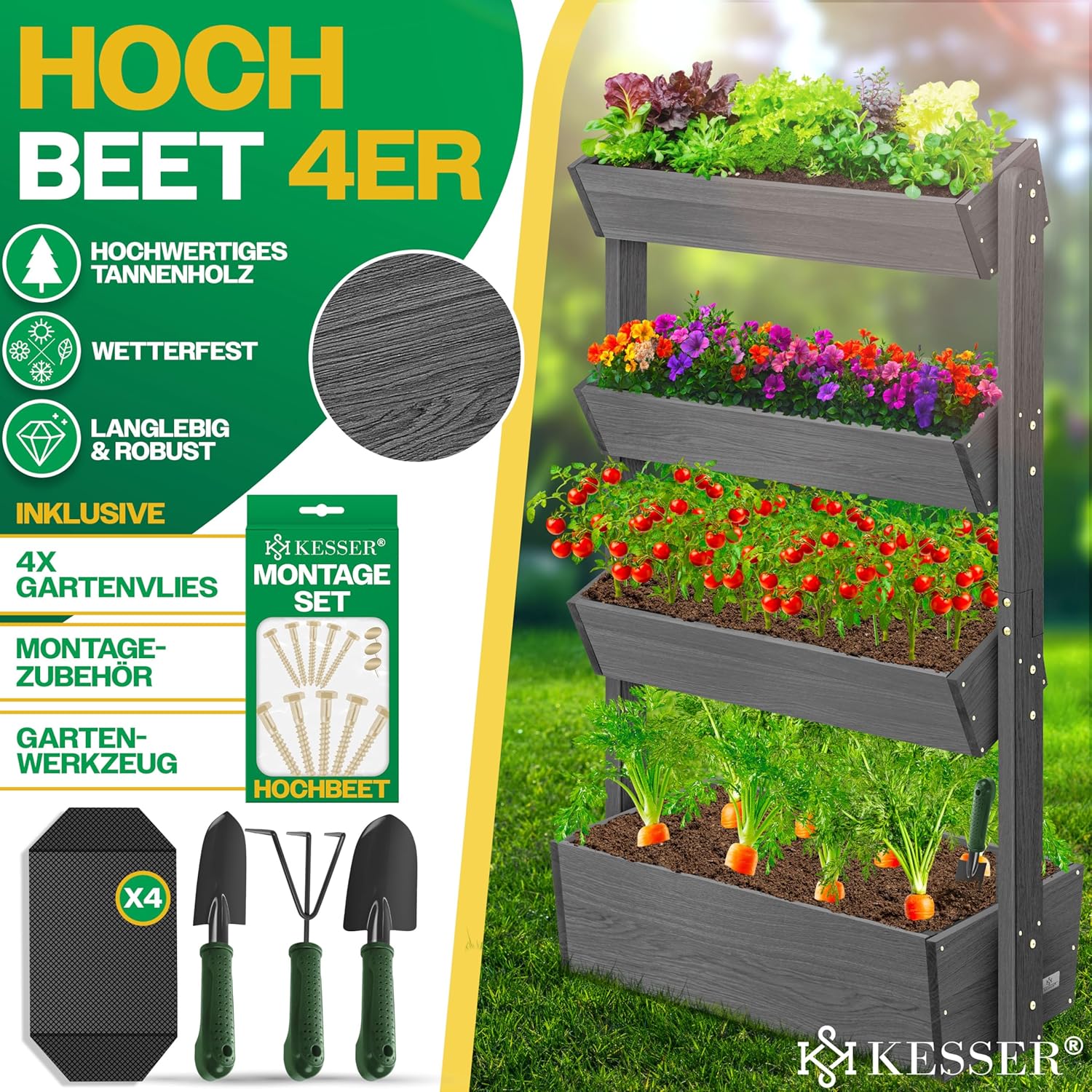 KESSER® Hochbeet mit 4 Etagen Premium Blumenkasten Blumentreppe Pflanztreppe Gemüsebeet Kräuterbeet Pflanzkübel Frühbeet Blumenbeet Pflanzkasten mit Gartenvlies - Beet inkl. Schaufelset, Anthrazit — Ansicht 2