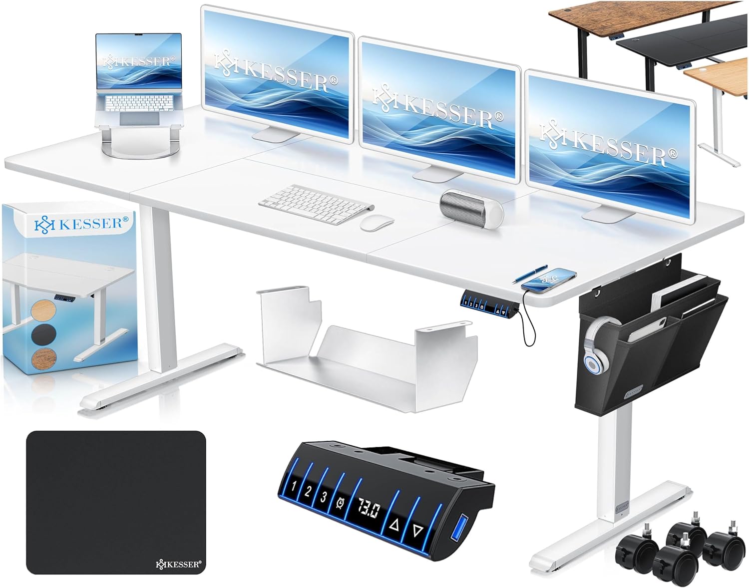 KESSER® höhenverstellbarer Schreibtisch elektrisch 180 x 80 cm, ergonomischer Steh-Sitz Tisch mit 3-Memory-Funktion, Stehtisch für Homeoffice, Inkl. Zubehör, USB-Ladeanschluss & 360° Rollen, Weiss