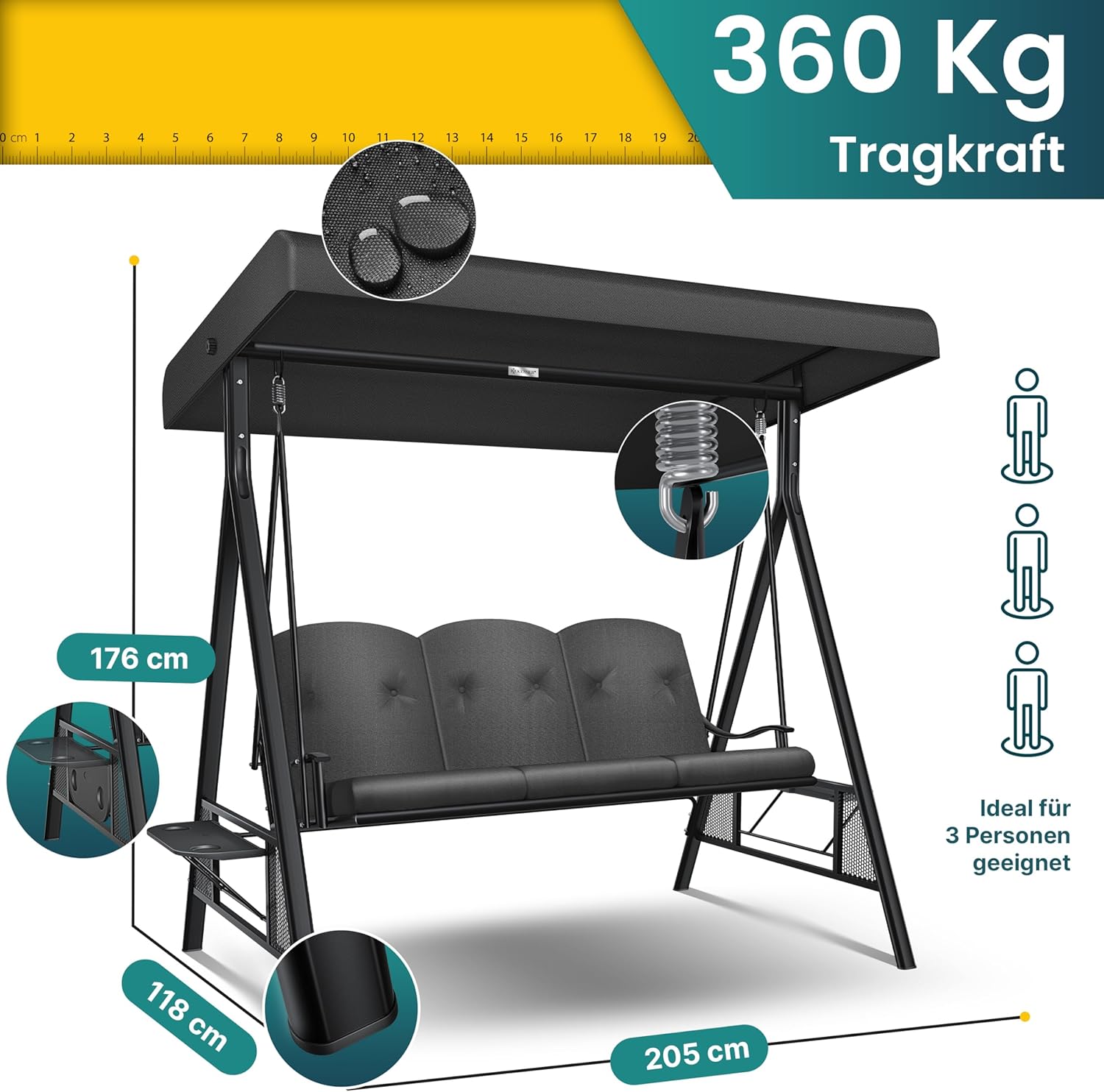 KESSER® Hollywoodschaukel mit Sonnendach 3-Sitzer & Sitzpolster-Auflage | Gartenschaukel bis 360kg belastbar | Gartenliege mit Anti-Rutsch-Füßen | Schaukelbank wasserabweisend für Outdoor & Indoor — Ansicht 2