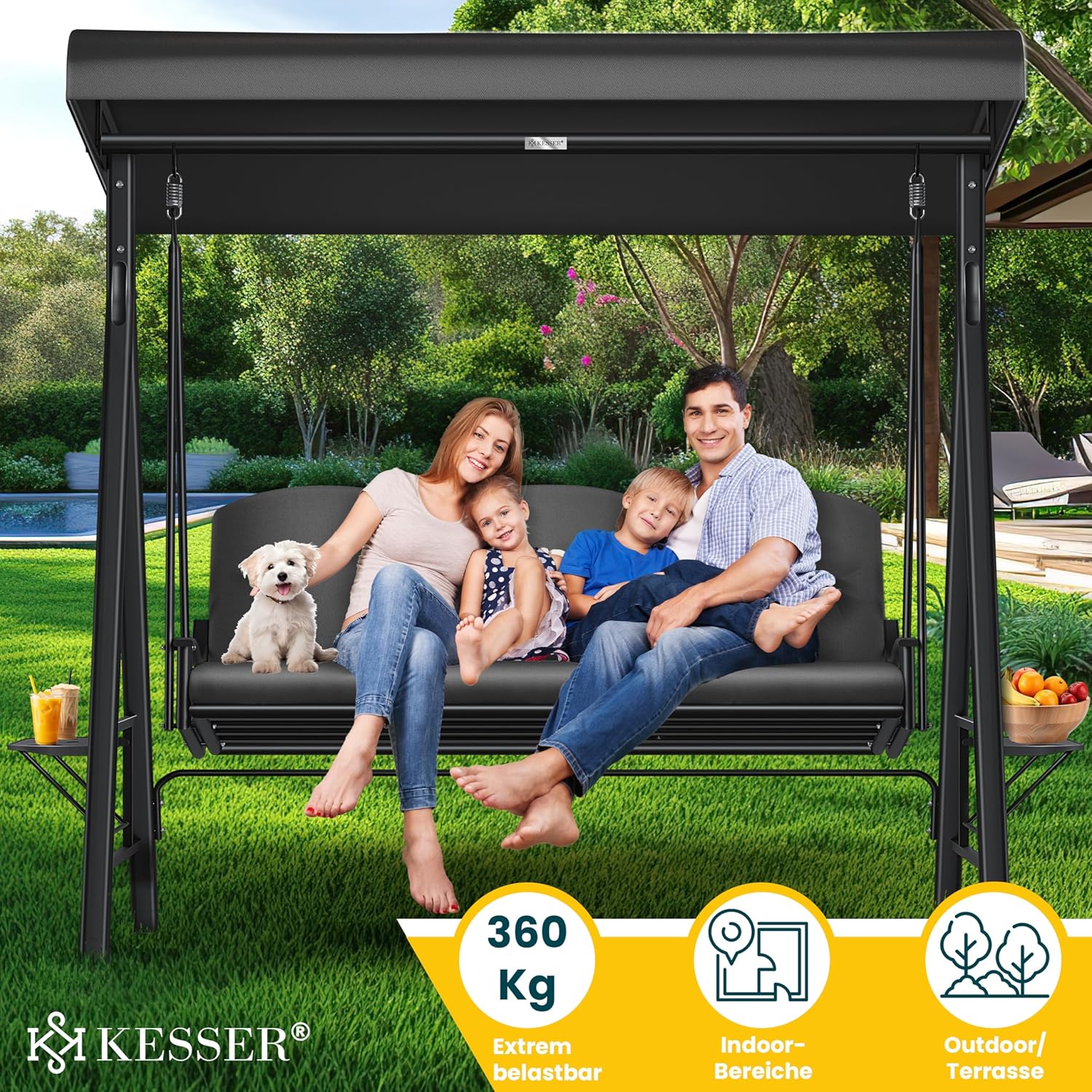 KESSER® Hollywoodschaukel mit Sonnendach 3-Sitzer & Sitzpolster-Auflage | Gartenschaukel bis 360kg belastbar | Gartenliege mit Anti-Rutsch-Füßen | Schaukelbank wasserabweisend für Outdoor & Indoor — Ansicht 4