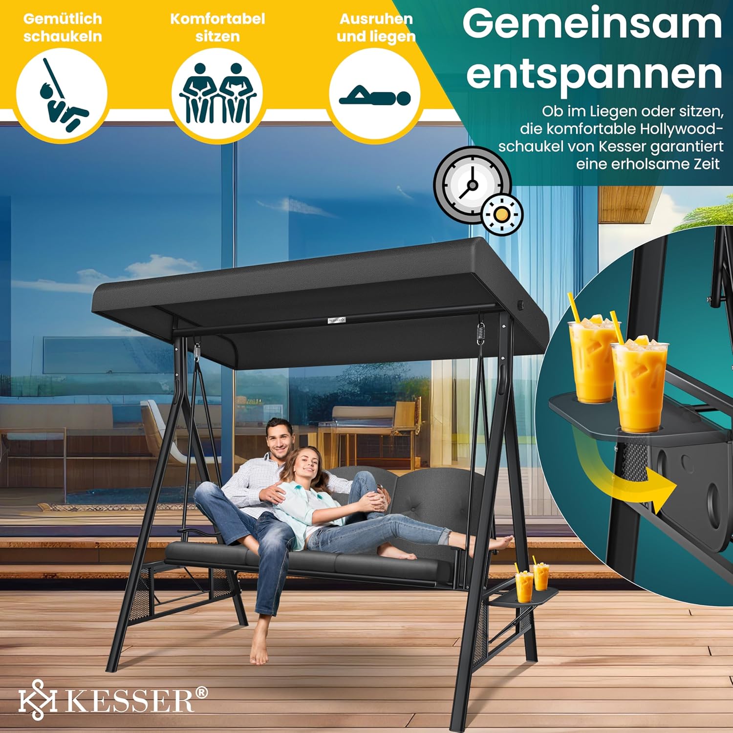 KESSER® Hollywoodschaukel mit Sonnendach 3-Sitzer & Sitzpolster-Auflage | Gartenschaukel bis 360kg belastbar | Gartenliege mit Anti-Rutsch-Füßen | Schaukelbank wasserabweisend für Outdoor & Indoor — Ansicht 5