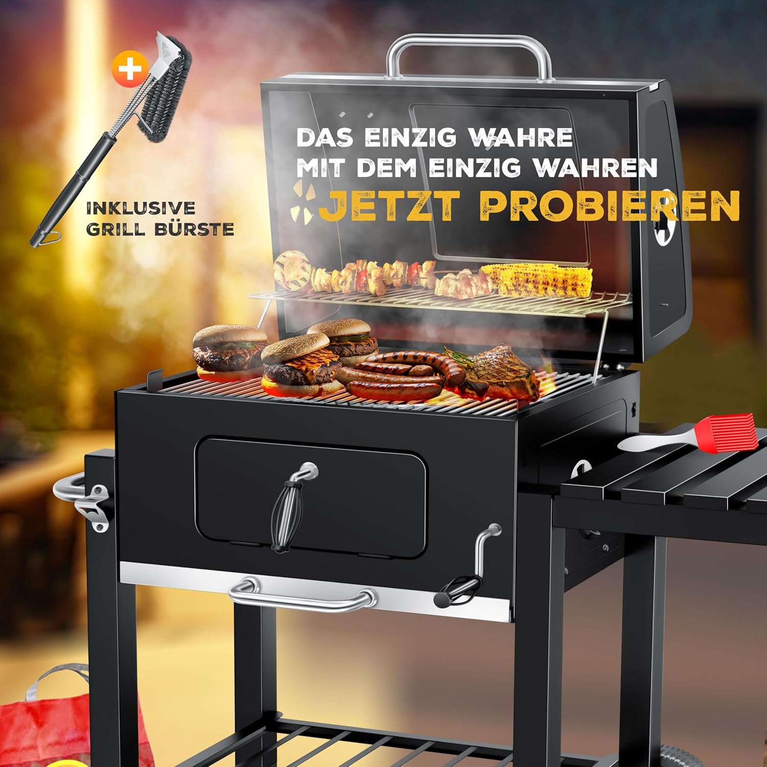 KESSER® Holzkohlegrill XL Grillwagen Set mit Deckel & Thermometer – BBQ Kohlegrill Wagen, Smoker Grill, Standgrill mit Grillrost, Rädern, Warmhalterost & Ablage inkl. Haube, Bürste & Pinsel — Ansicht 2