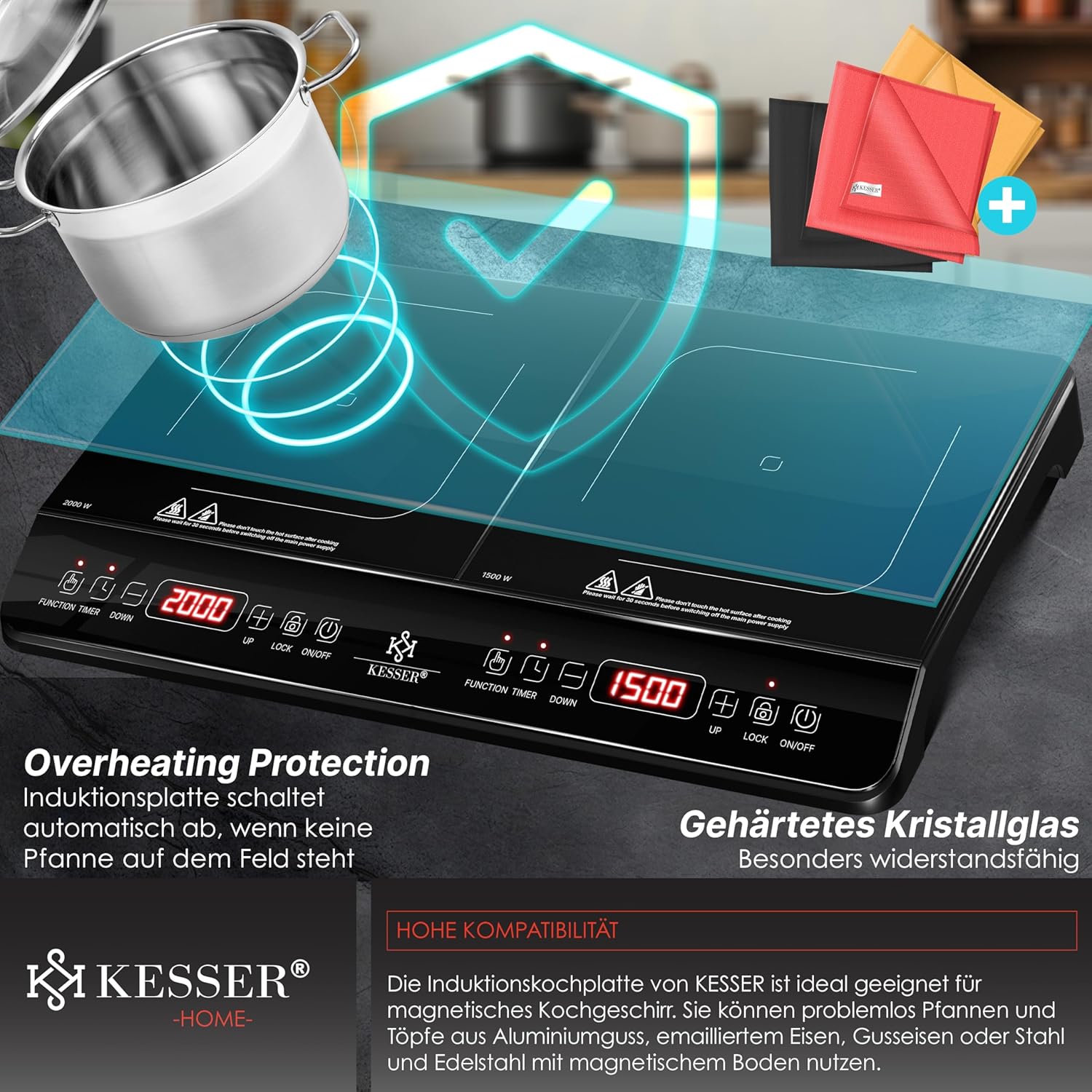KESSER® Induktionskochplatte Induktionskochfeld 2 Platten 3500W Tragbares 57cm Kochplatte + 3x Mikrofasertuch + 1x Rezeptbuch, 8 Heizstufen, 4-Stunden-Timer, Touch-Steuerung, Booster-Funktion 220-240V — Ansicht 5