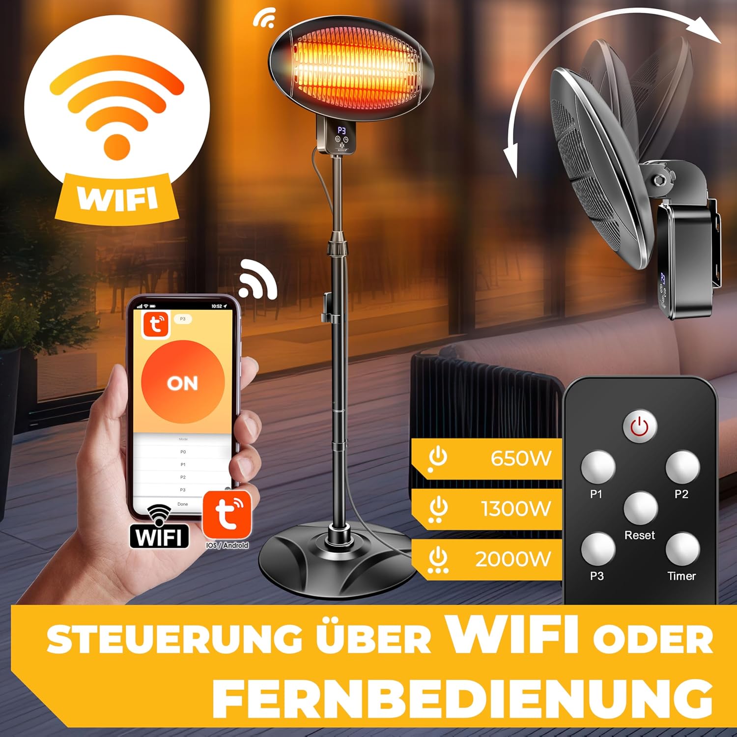 KESSER® Infrarot Heizstrahler 2000W Terrassenstrahler mit WIFI & Fernbedienung 360° drehbar, höhenverstellbar, Stand- & Wandmontage Kippschutz, IPX4 spritzwassergeschützt Wärmestrahler Balkon & Garten — Ansicht 2