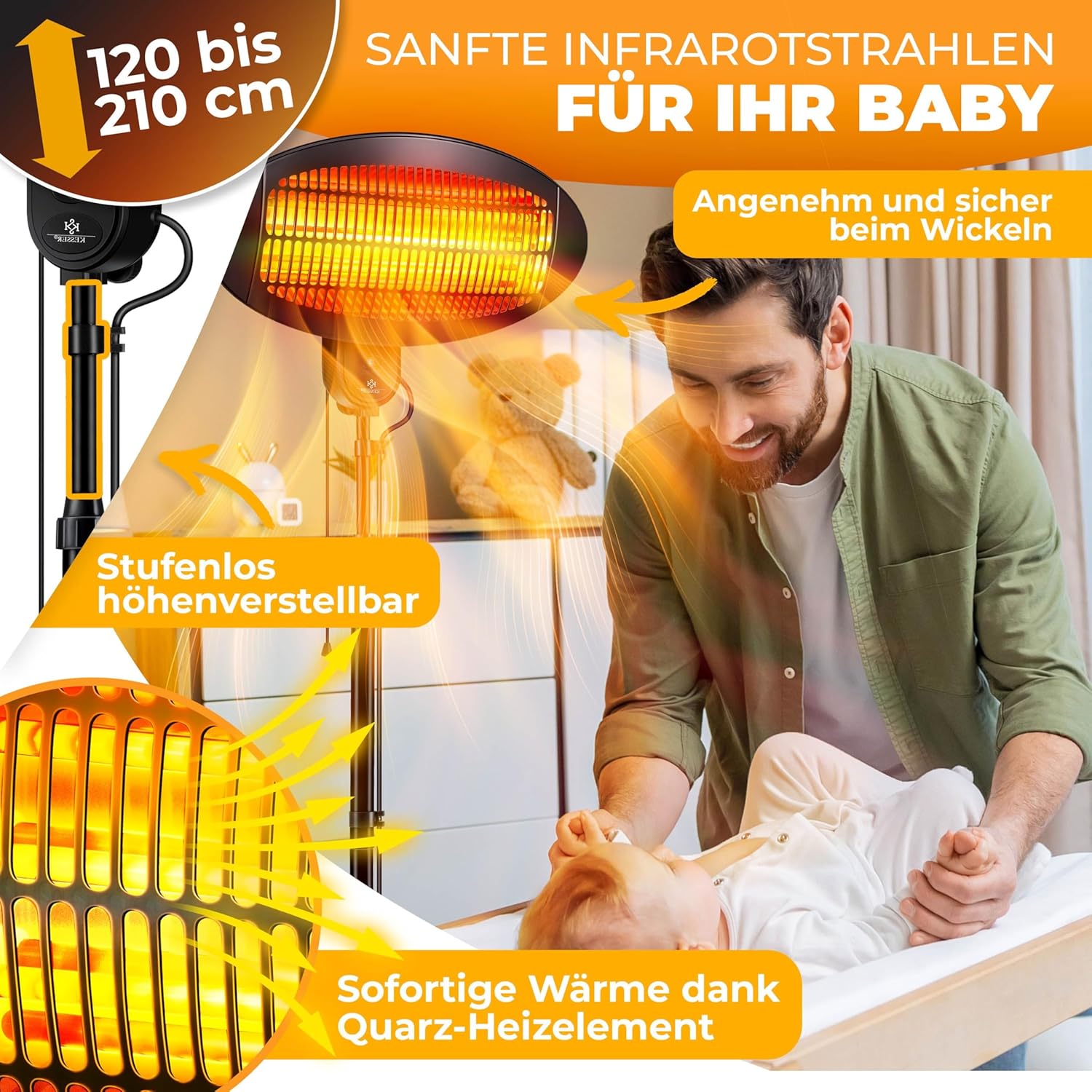 KESSER® Infrarot Wickeltischstrahler Wärmelampe für Baby, 2000W Heizlüfter Standgerät | Wandmontage Heizstrahler, mit Kippsicherung, 3 Stufen Rotlicht Heizung, Indoor Outdoor, Stand | Wand, schwarz — Ansicht 4