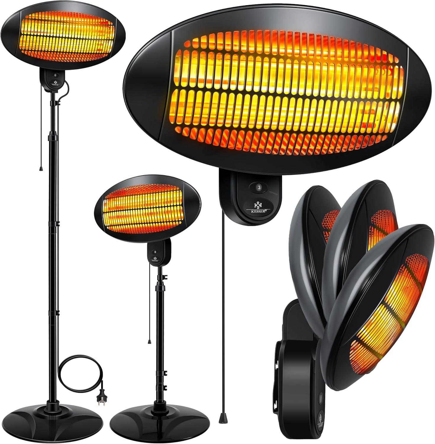 KESSER® Infrarot Wickeltischstrahler Wärmelampe für Baby, 2000W Heizlüfter Standgerät | Wandmontage Heizstrahler, mit Kippsicherung, 3 Stufen Rotlicht Heizung, Indoor Outdoor, Stand | Wand, schwarz